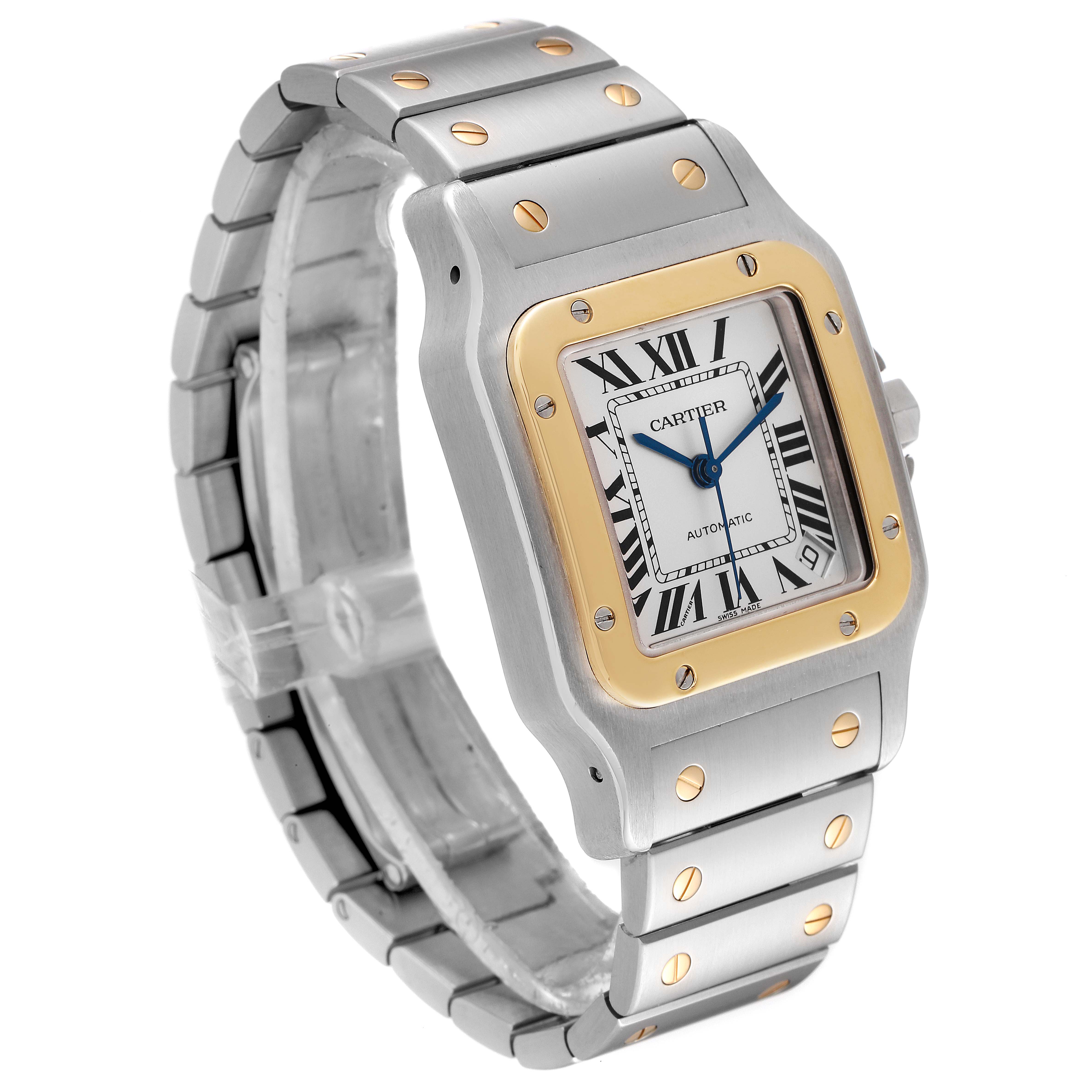 The image shows a Cartier Santos W20099C4 Men's Steel and Gold (two tone) Silver Dial W20099C4 Men's Steel and Gold (two tone) Silver Dial watch from an oblique angle, highlighting its steel and gold case, bracelet, and Roman numeral dial.