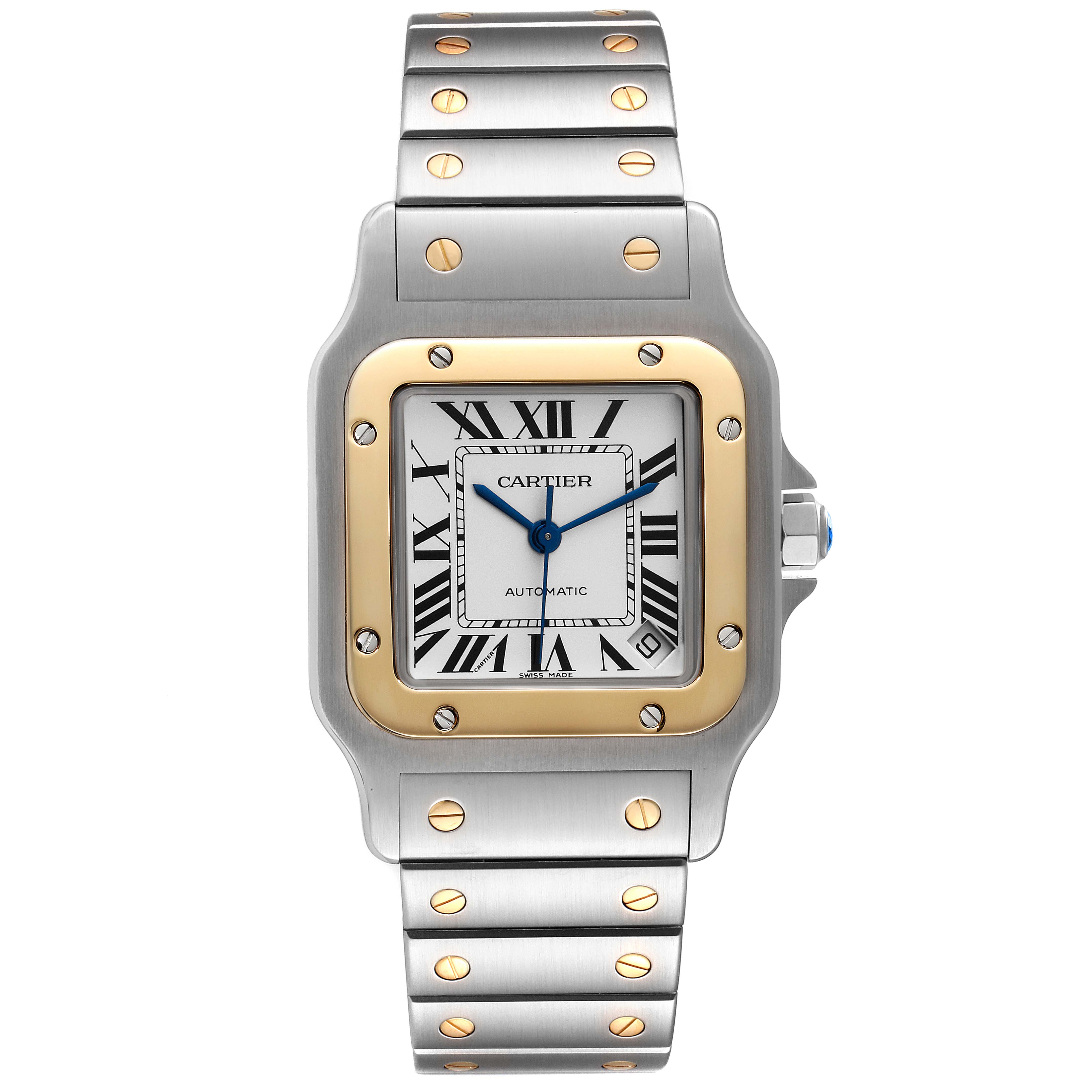 The image shows a frontal view of the Santos model by Cartier, displaying its dial, bezel, and bracelet.