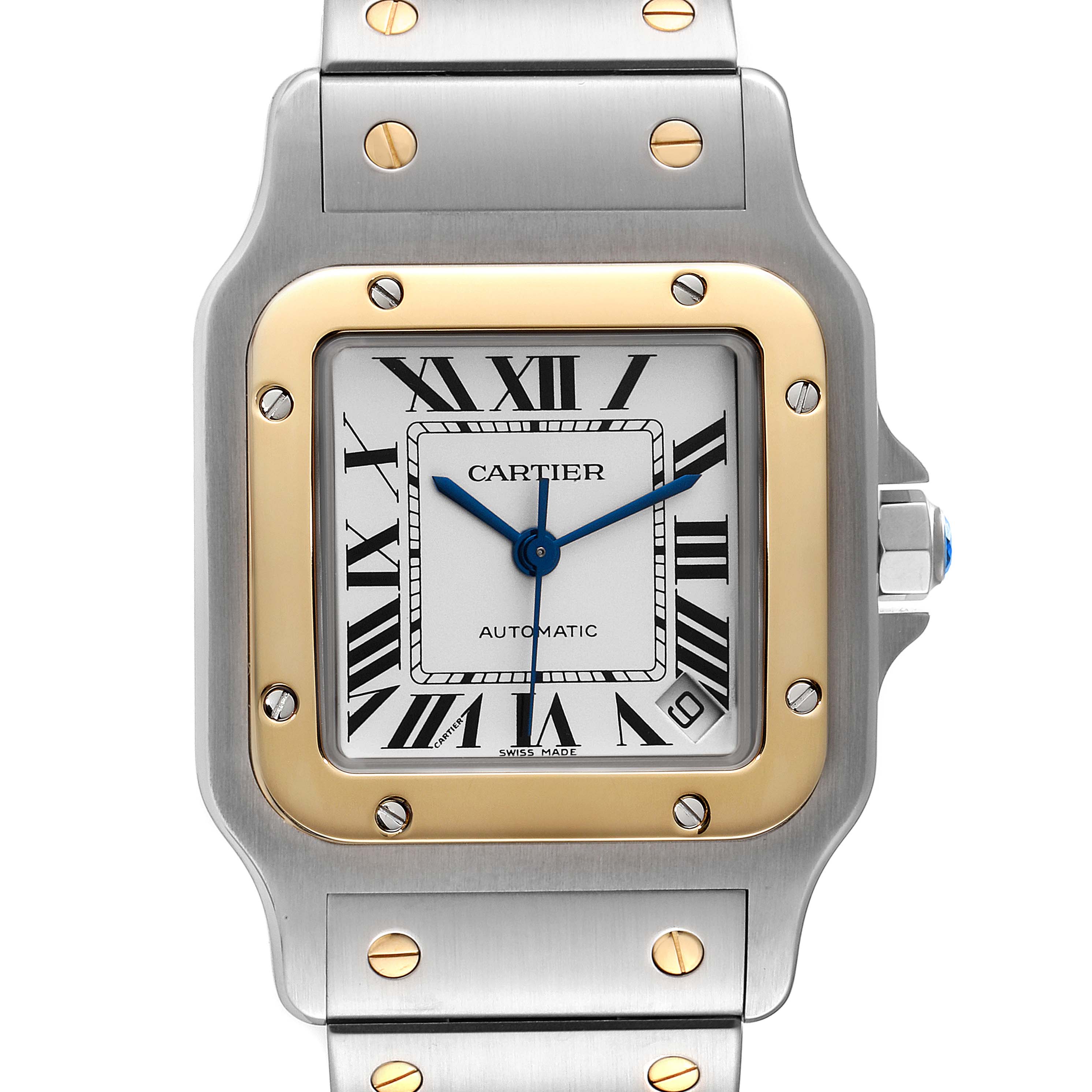 The image shows a close-up of the Cartier Santos W20099C4 Men's Steel and Gold (two tone) Silver Dial W20099C4 Men's Steel and Gold (two tone) Silver Dial watch face and part of the bracelet.