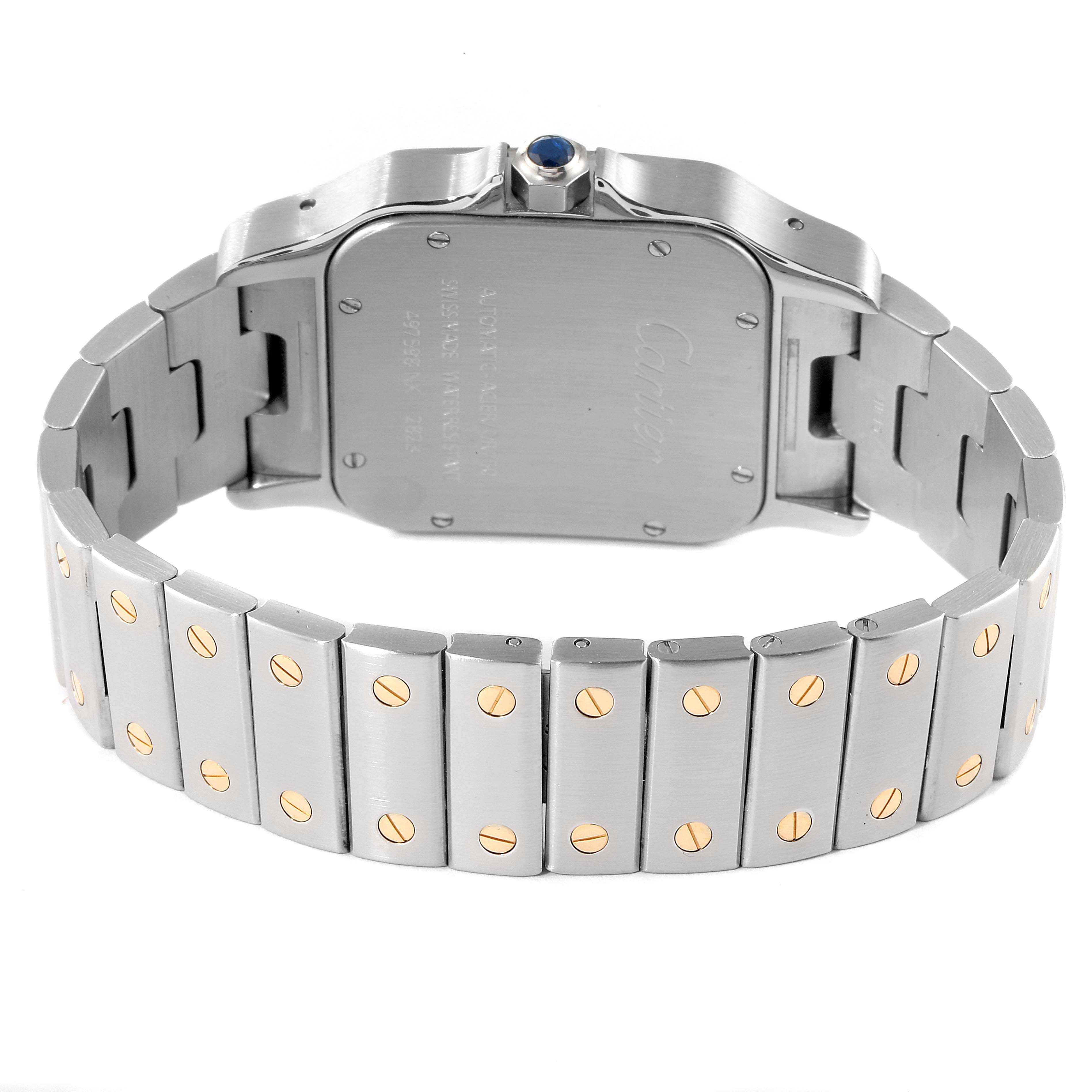 This image shows the back case and bracelet of the Santos model watch by Cartier.