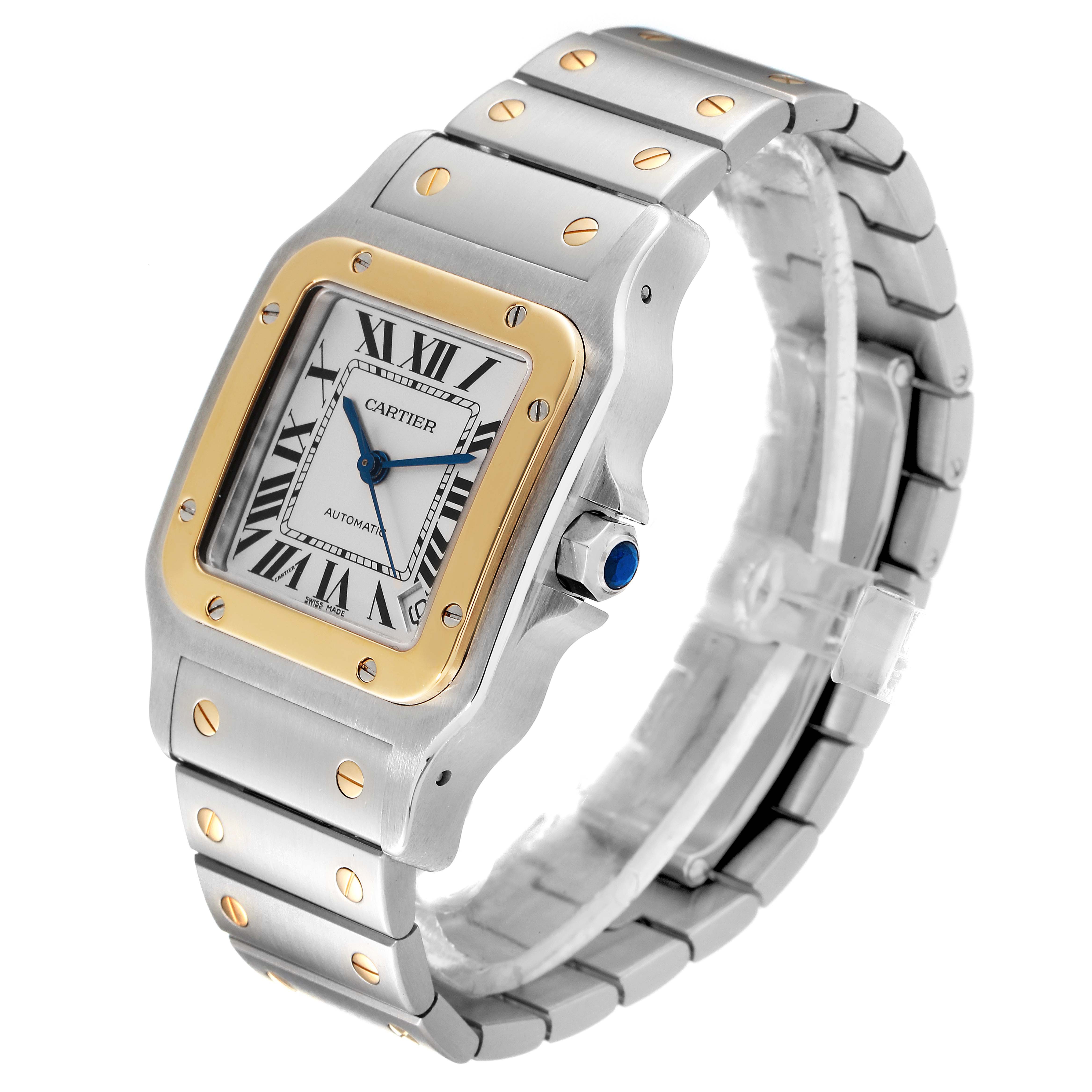 This is a Cartier Santos W20099C4 Men's Steel and Gold (two tone) Silver Dial W20099C4 Men's Steel and Gold (two tone) Silver Dial model watch shown from a three-quarter angle, highlighting the dial, bezel, and bracelet.