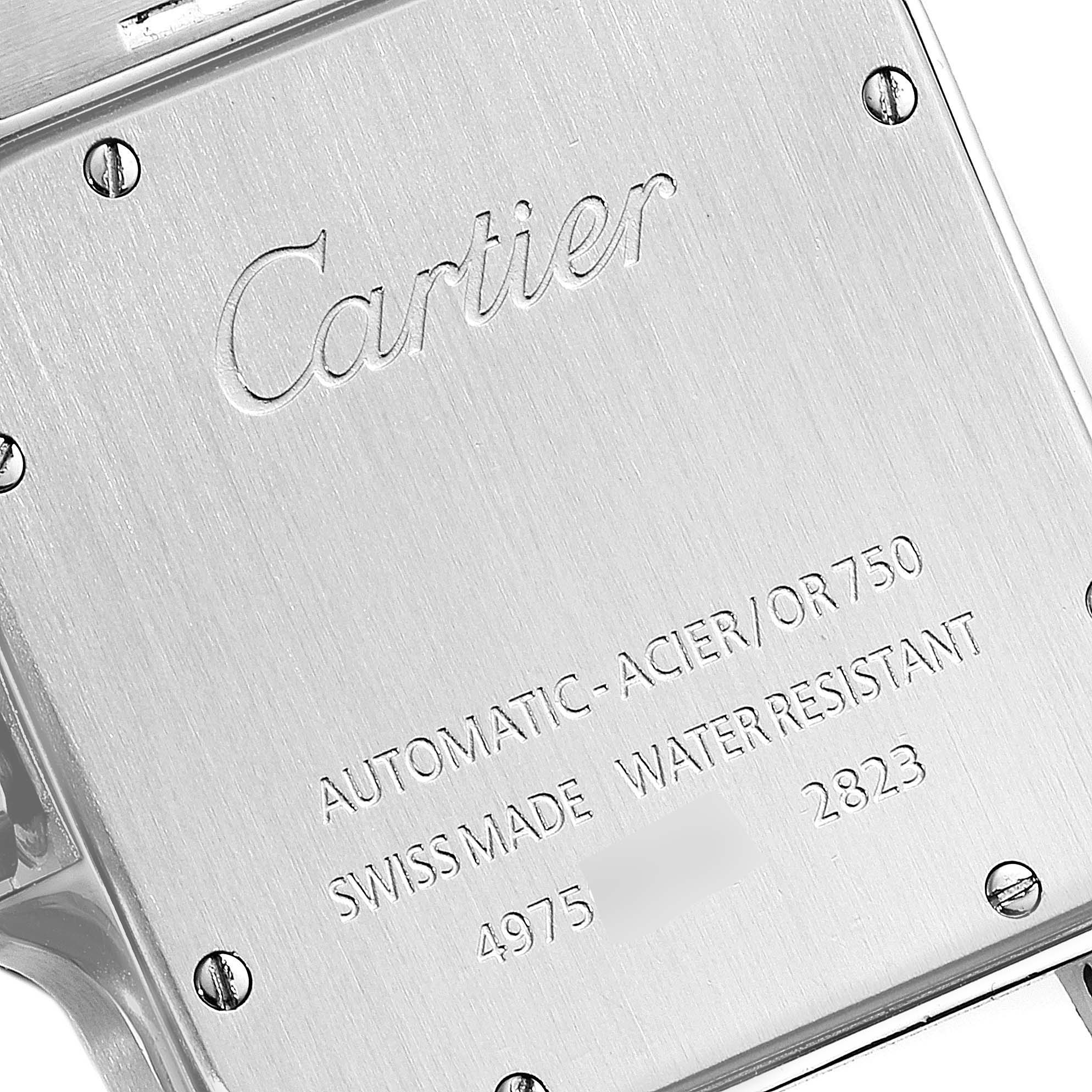 The image shows the back case of a Cartier Santos W20099C4 Men's Steel and Gold (two tone) Silver Dial W20099C4 Men's Steel and Gold (two tone) Silver Dial watch, highlighting branding, material information, and screw details.