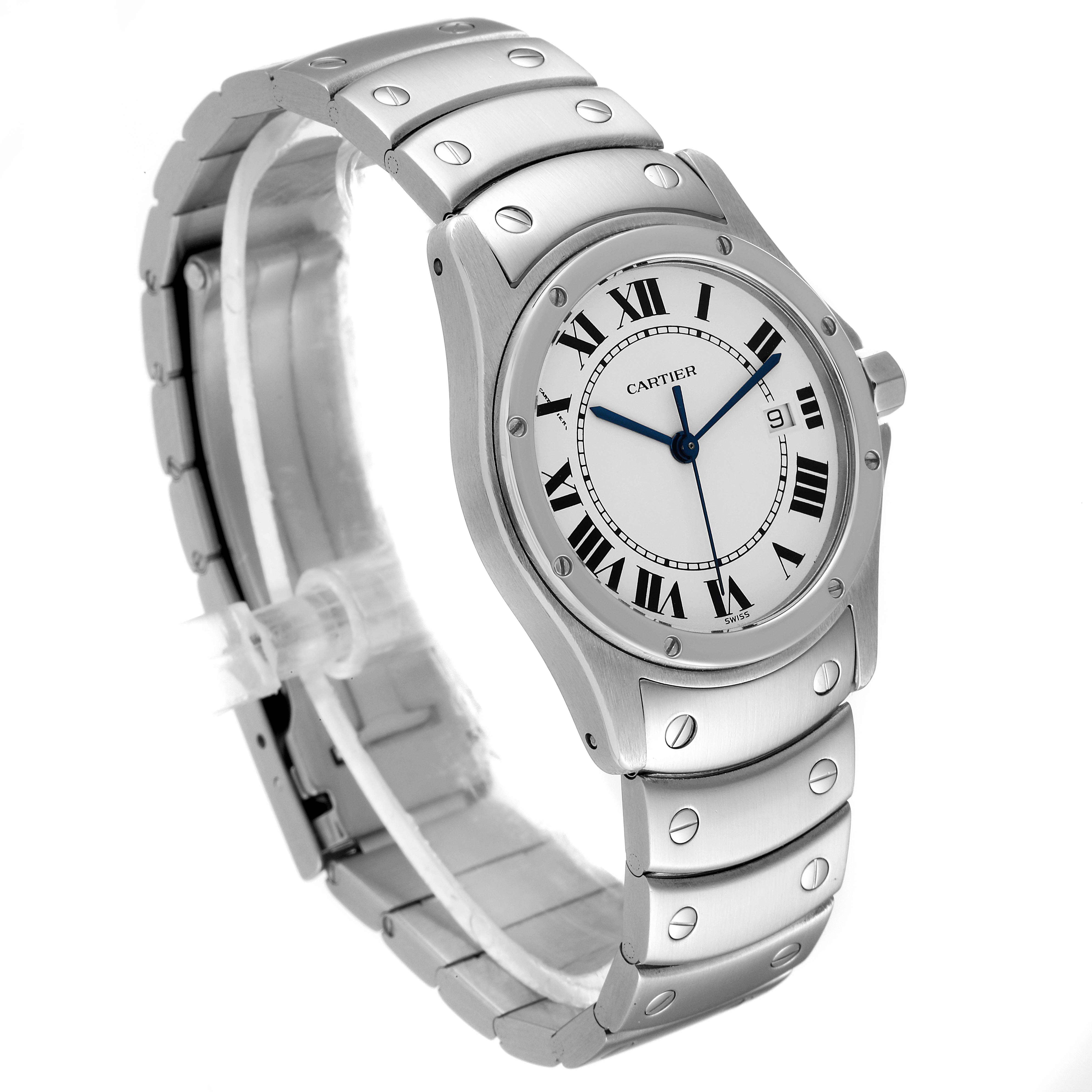The Cartier Santos W20026K1 Men
s Stainless Steel Silver Dial W20026K1 Men
s Stainless Steel Silver Dial watch is shown at a three-quarter angle, displaying its face, bezel, crown, and bracelet.