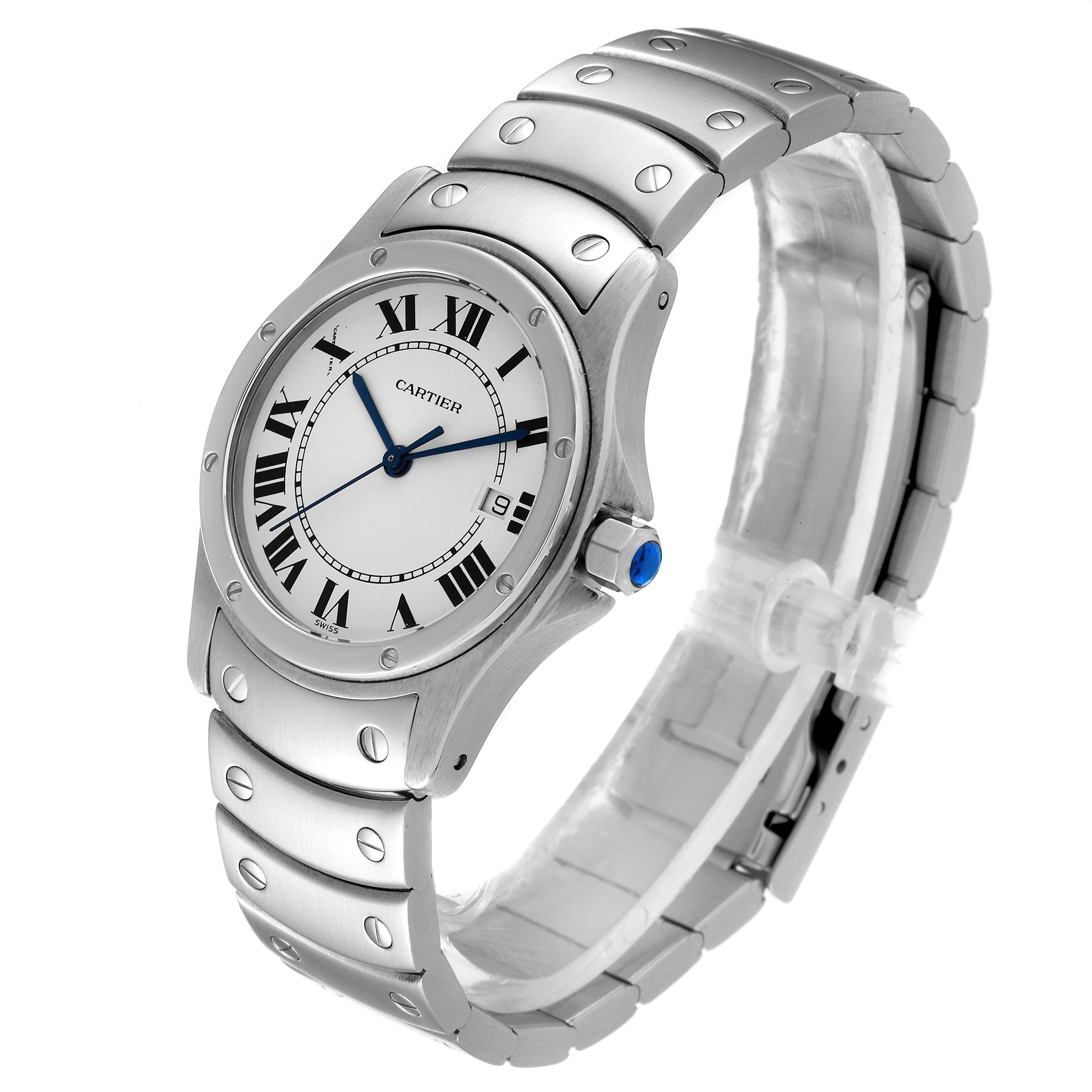 The image shows a Cartier Santos W20026K1 Men
s Stainless Steel Silver Dial W20026K1 Men
s Stainless Steel Silver Dial watch at a front angle, highlighting the dial, bezel, crown, and bracelet.