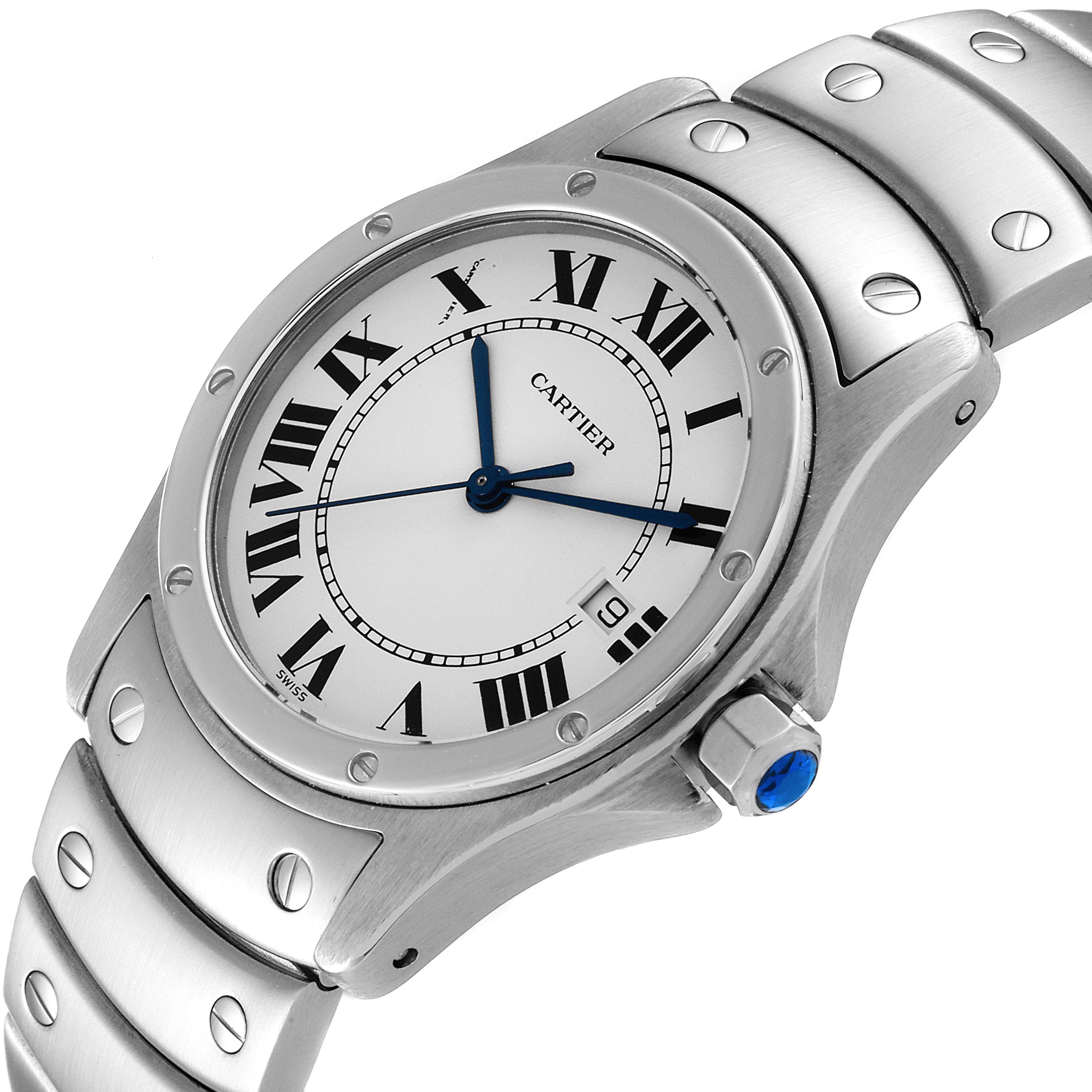 The Cartier Santos W20026K1 Men
s Stainless Steel Silver Dial W20026K1 Men
s Stainless Steel Silver Dial watch is shown from a three-quarter angle, displaying the face, bezel, crown, and part of the metal bracelet.