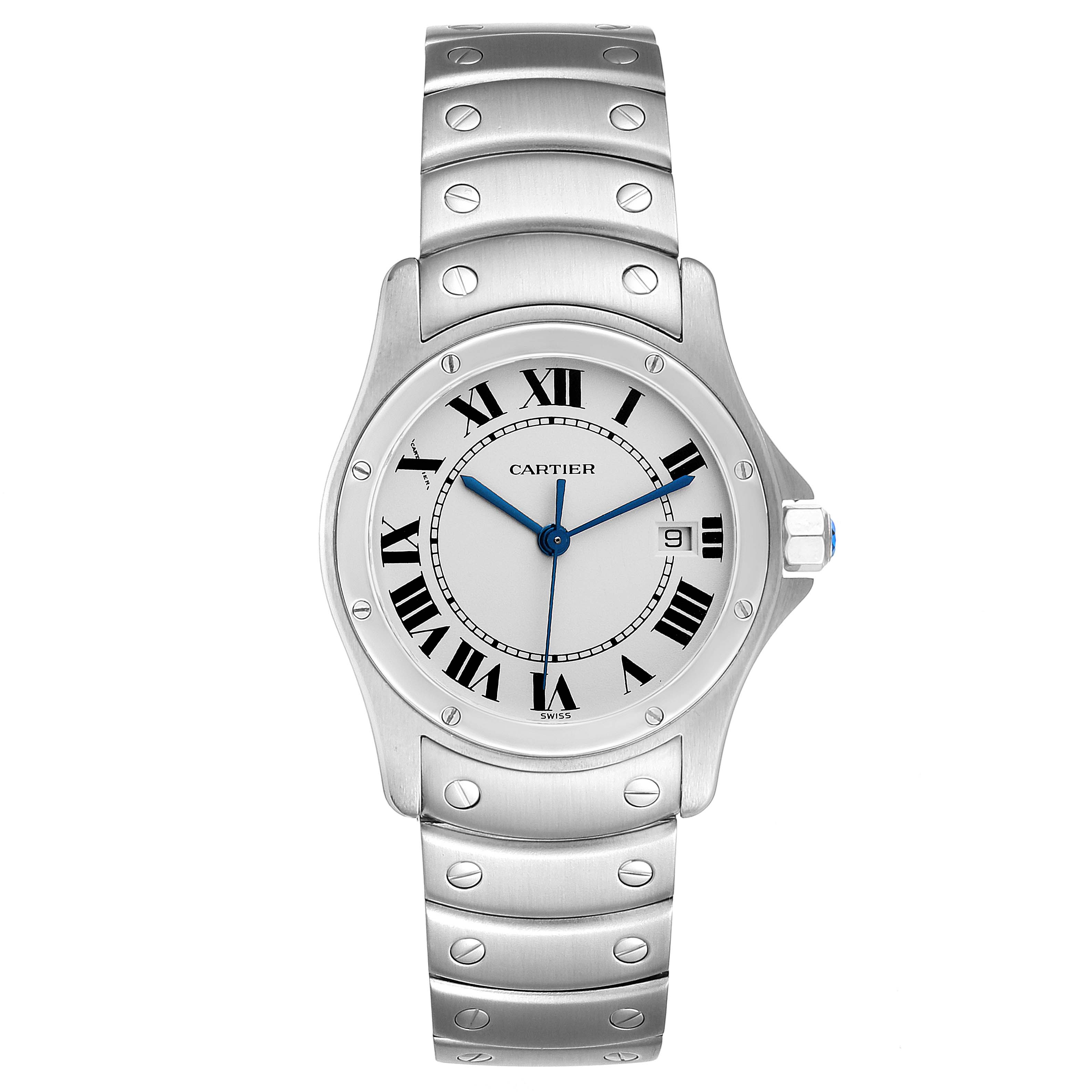 This image shows a front view of the Cartier Santos W20026K1 Men
s Stainless Steel Silver Dial W20026K1 Men
s Stainless Steel Silver Dial watch, highlighting its stainless steel bracelet, bezel, and Roman numeral dial.