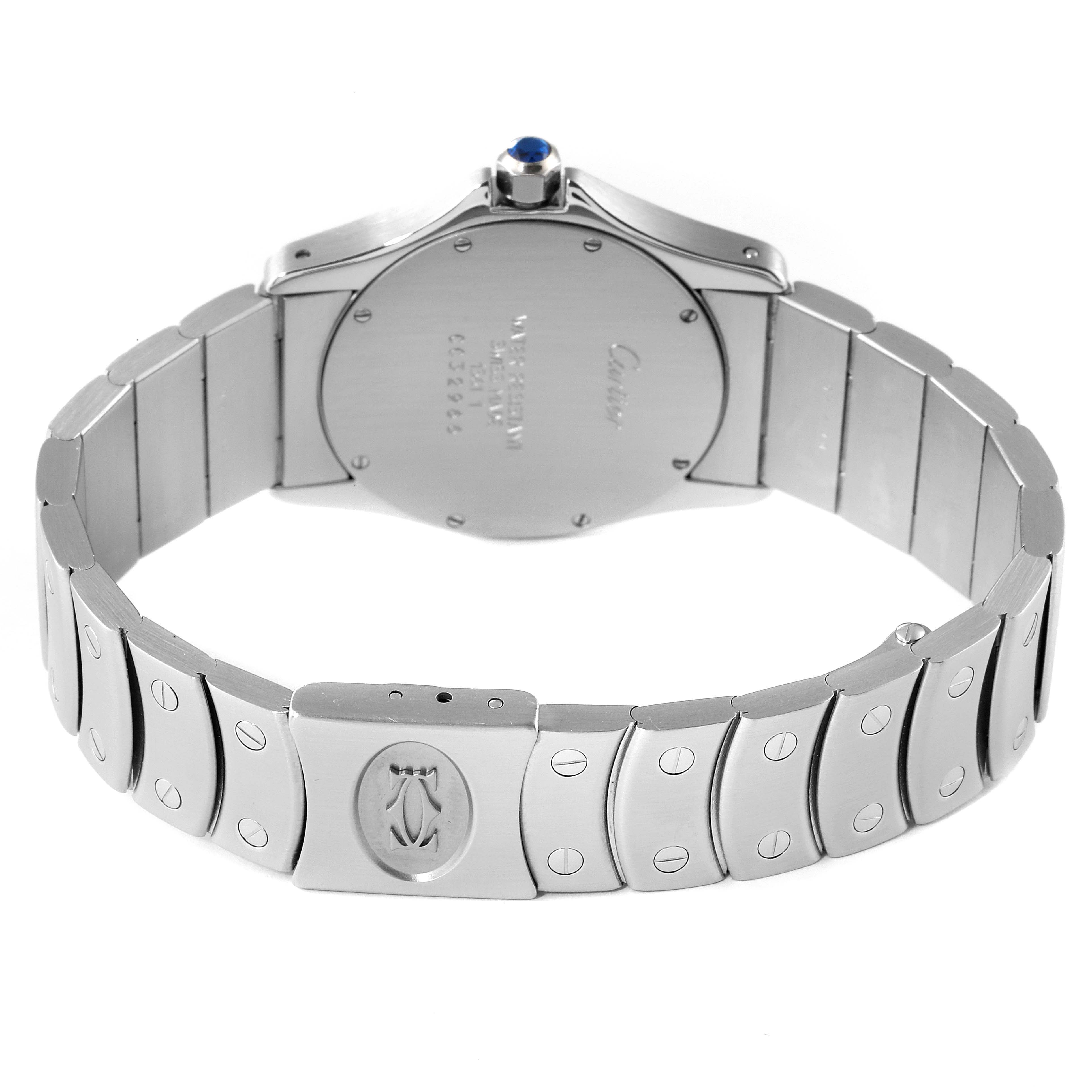 The image shows the back case and bracelet of a Cartier Santos W20026K1 Men
s Stainless Steel Silver Dial W20026K1 Men
s Stainless Steel Silver Dial watch, displaying the engraved caseback and the detailed clasp.