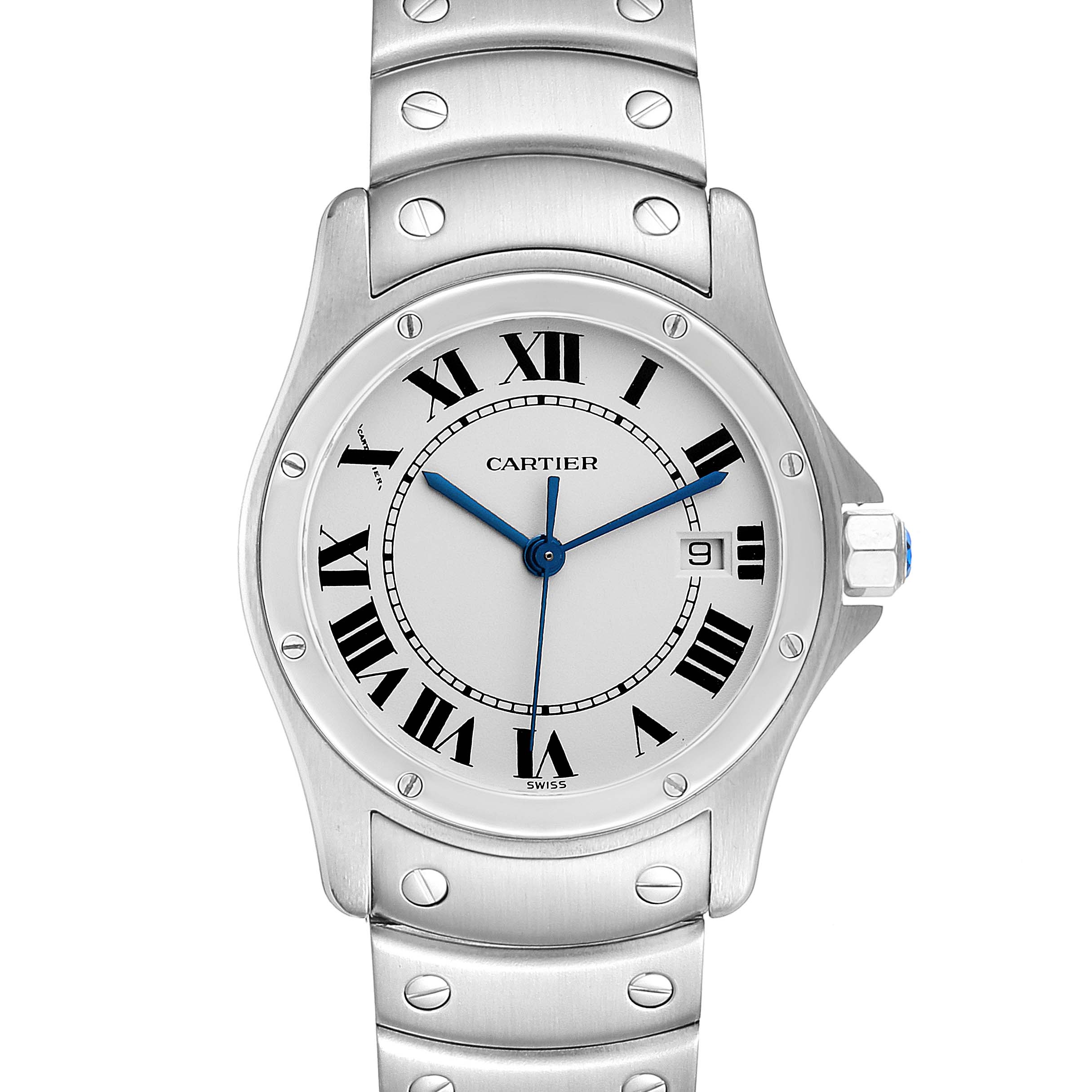 This Cartier Santos W20026K1 Men
s Stainless Steel Silver Dial W20026K1 Men
s Stainless Steel Silver Dial watch is shown from the front, highlighting its dial, bracelet, and Roman numerals.