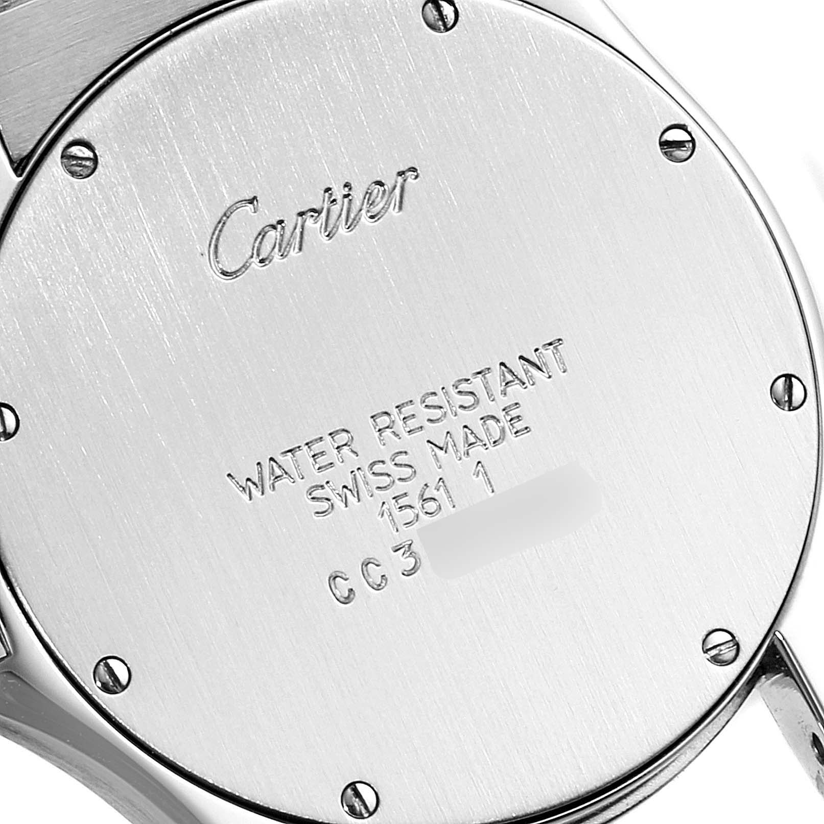The image shows the back of the Cartier Santos W20026K1 Men
s Stainless Steel Silver Dial W20026K1 Men
s Stainless Steel Silver Dial watch, highlighting its water resistance and other inscriptions.