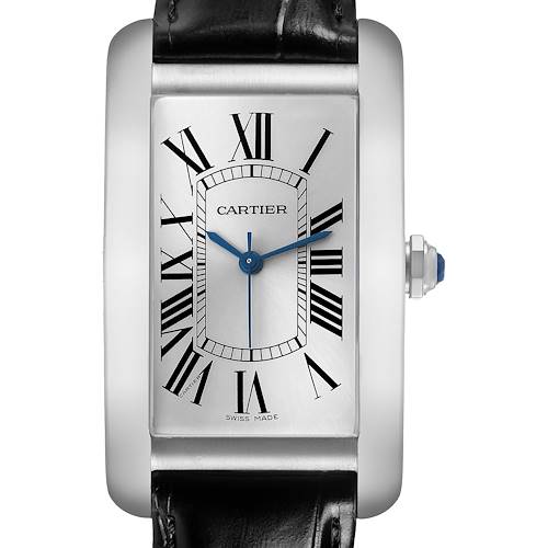 The Cartier Tank Americaine WSTA0018 Men's Stainless Steel Silver Dial watch is shown from a front angle, highlighting its face, Roman numerals, and blue hands.
