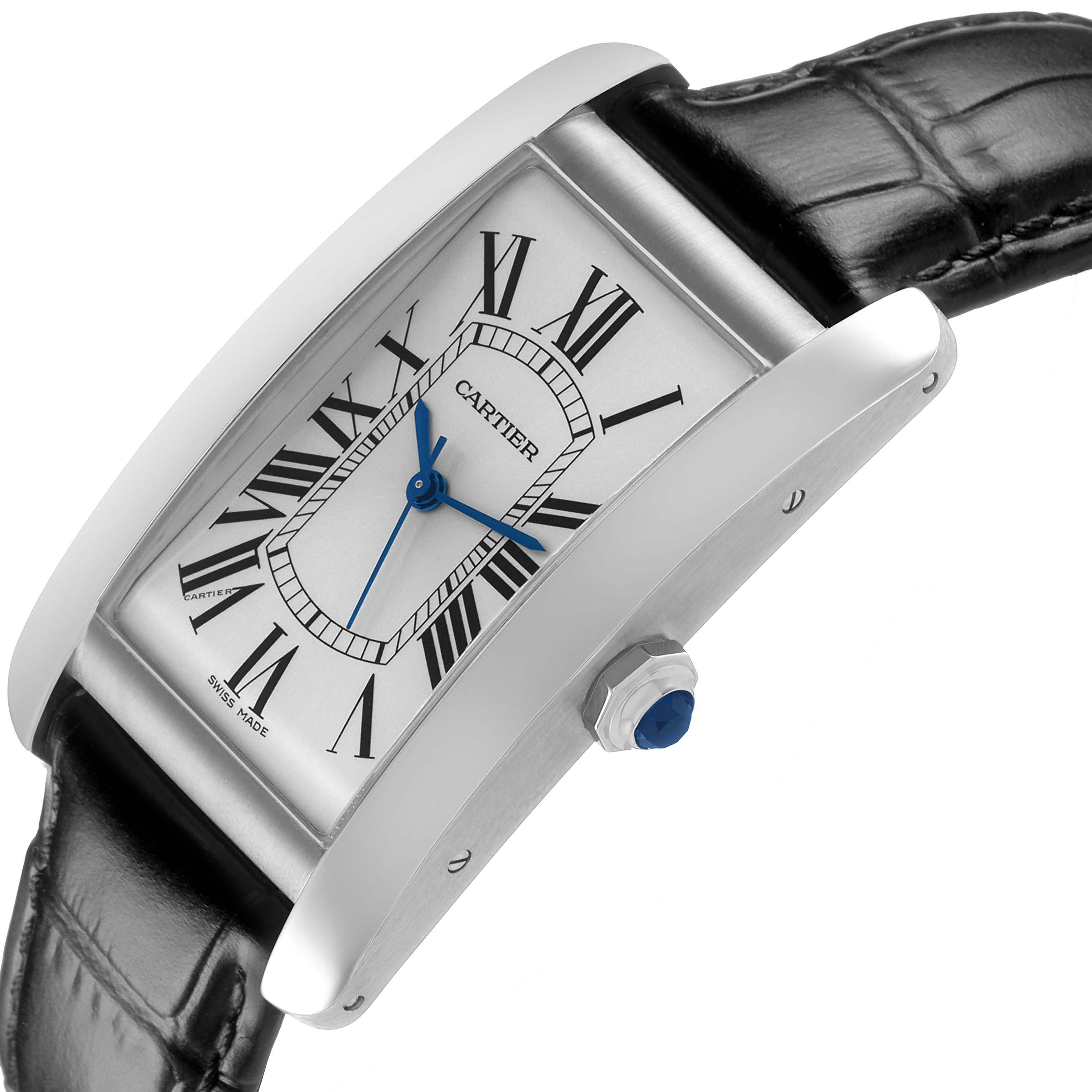 The Cartier Tank Américaine watch is shown at a slight angled view, displaying the face, Roman numerals, hands, and crown.
