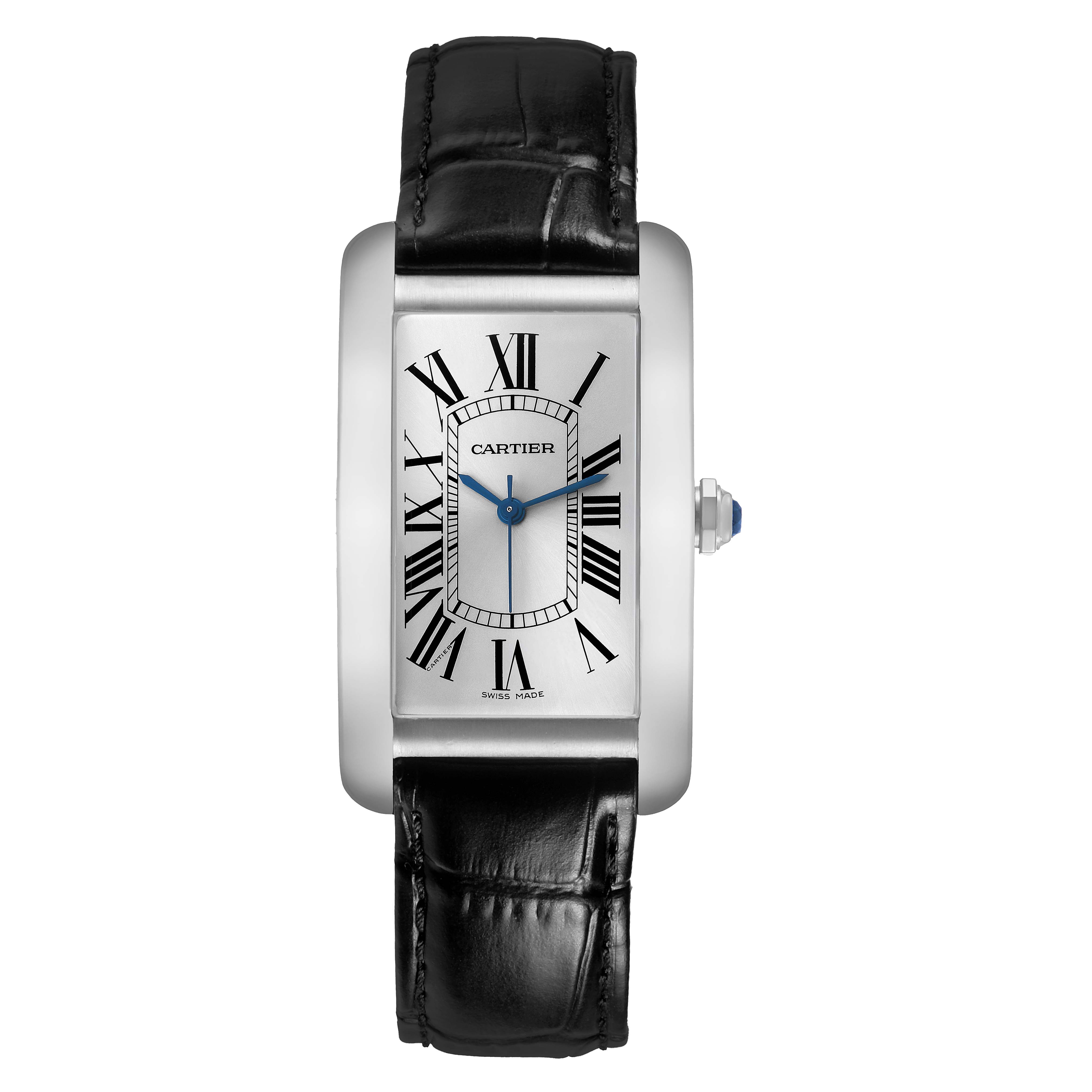 The Cartier Tank Américaine watch is shown from a frontal angle, displaying its rectangular face, Roman numerals, and black strap.