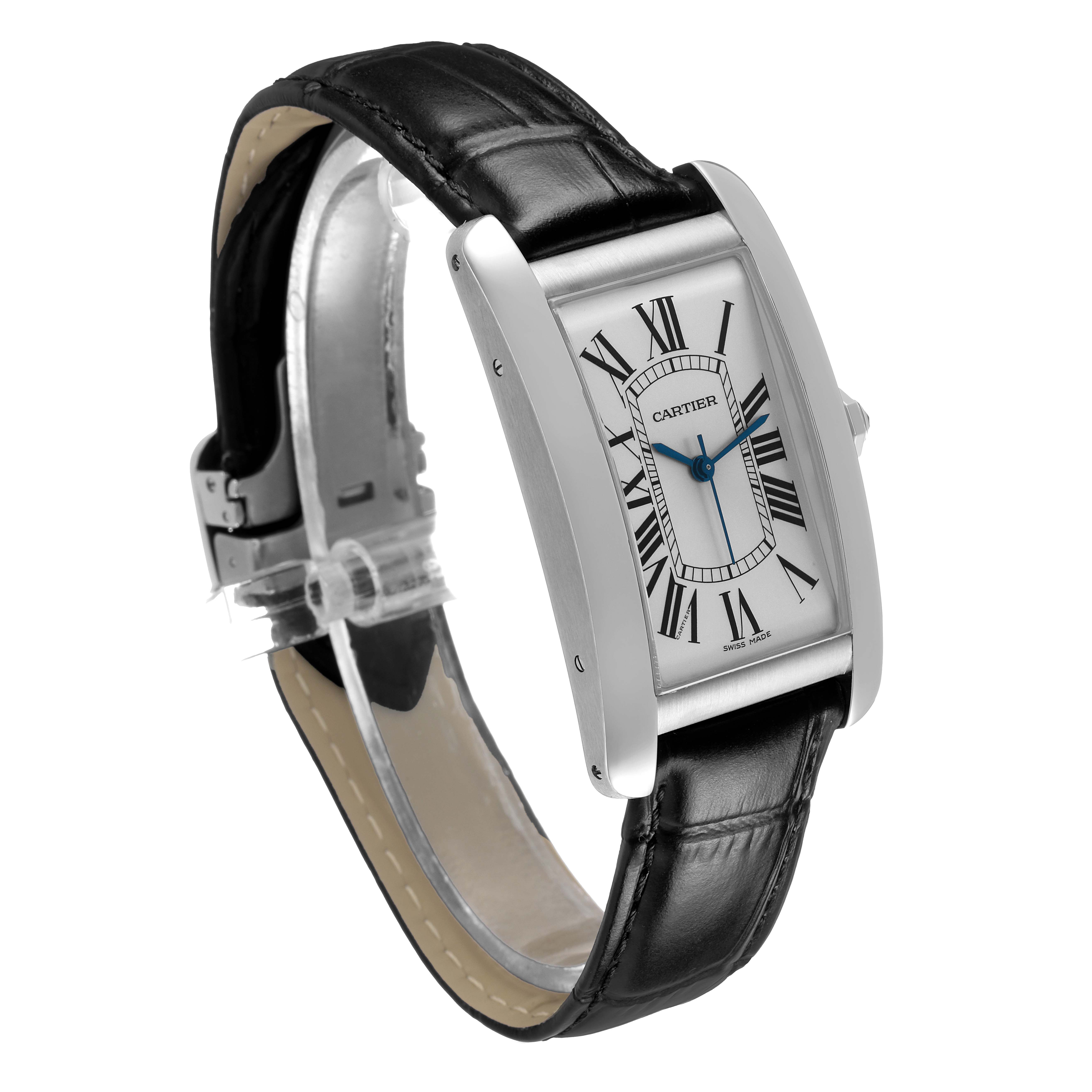 The Cartier Tank Americaine WSTA0018 Men's Stainless Steel Silver Dial watch is shown at a three-quarter angle, displaying the face, case, and strap clearly.
