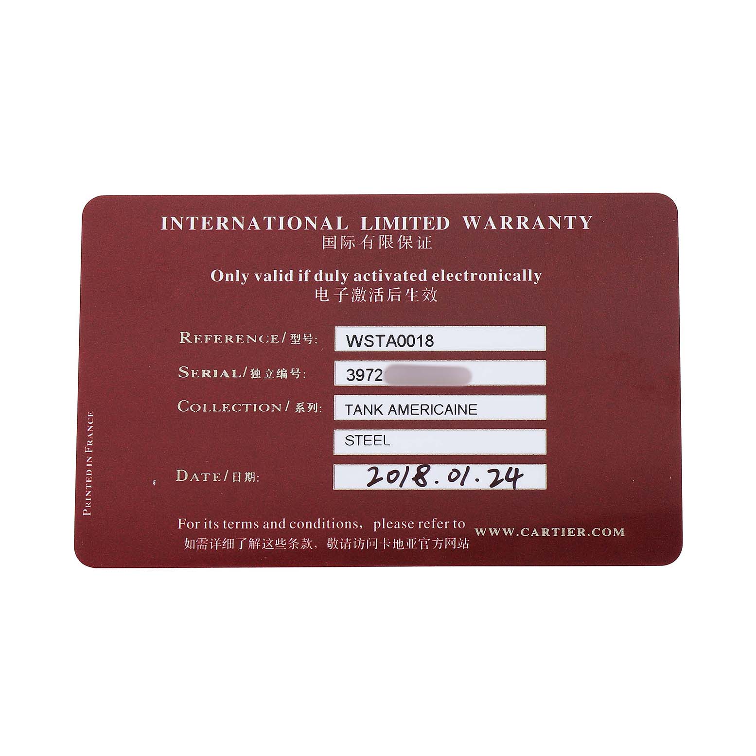 The image shows an International Limited Warranty card for the Cartier Tank Americaine WSTA0018 Men's Stainless Steel Silver Dial watch model.