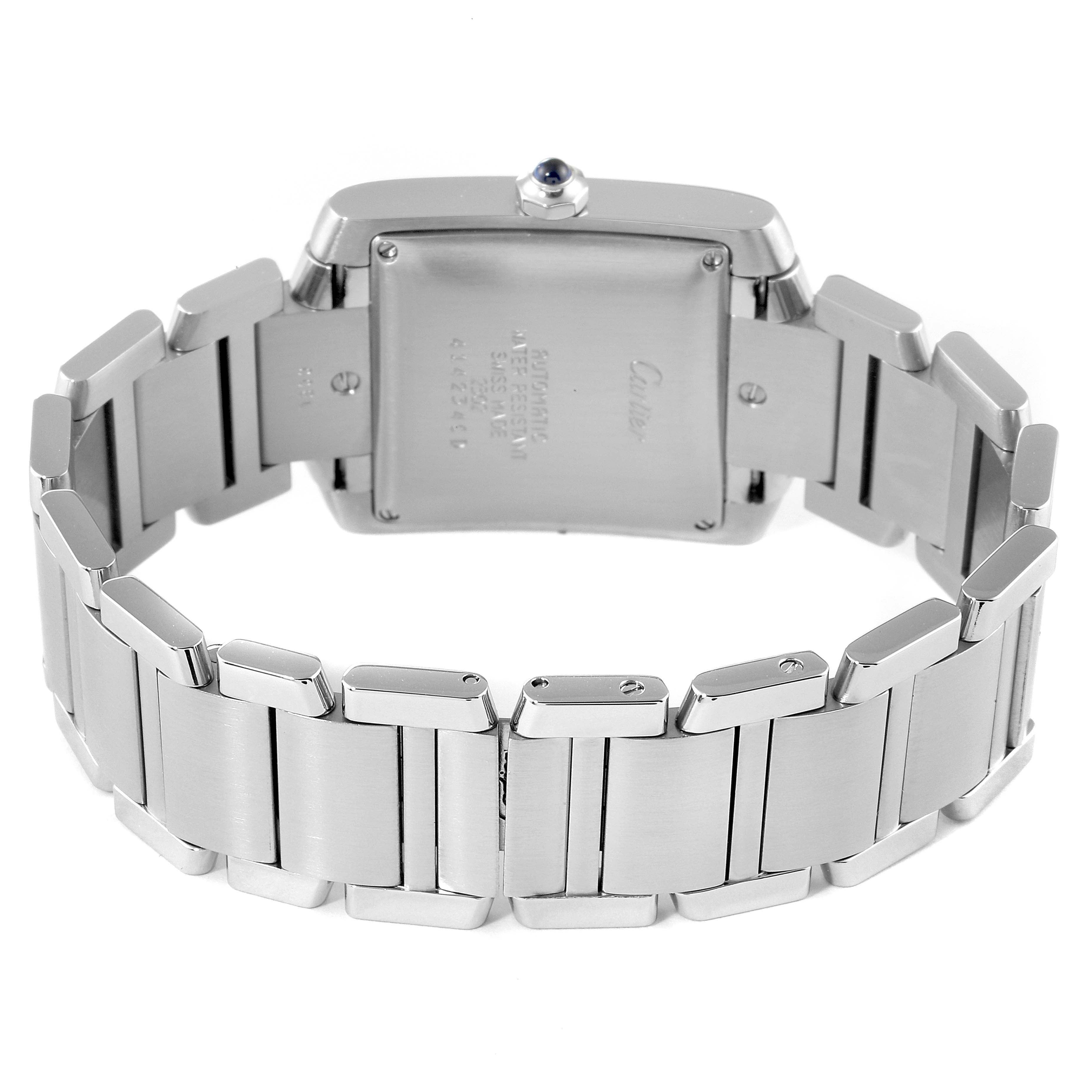This image shows the back of a Cartier Tank Francaise W51002Q3 Men's Stainless Steel Silver Dial W51002Q3 Men's Stainless Steel Silver Dial watch, highlighting its stainless steel case and bracelet.