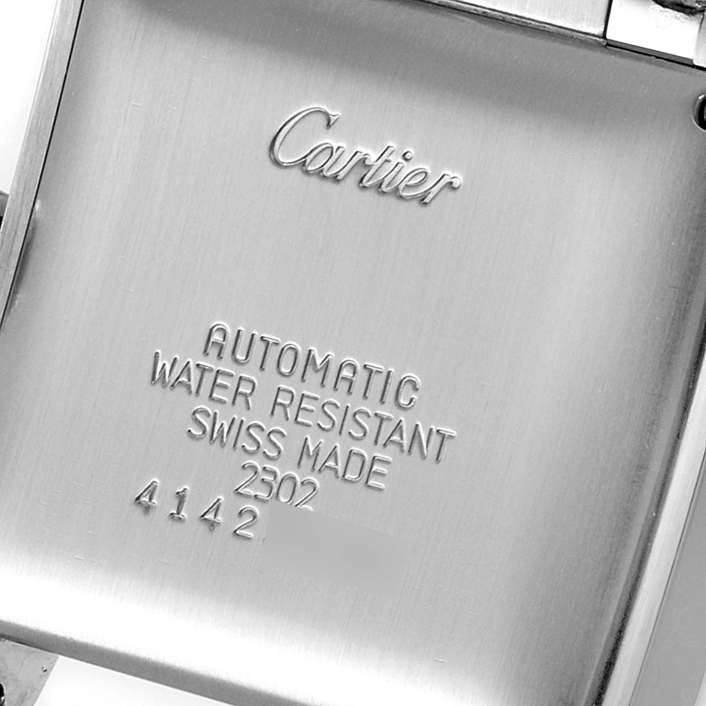 This image shows the back case of a Cartier Tank Francaise W51002Q3 Men's Stainless Steel Silver Dial W51002Q3 Men's Stainless Steel Silver Dial watch, displaying the brand name and model details.
