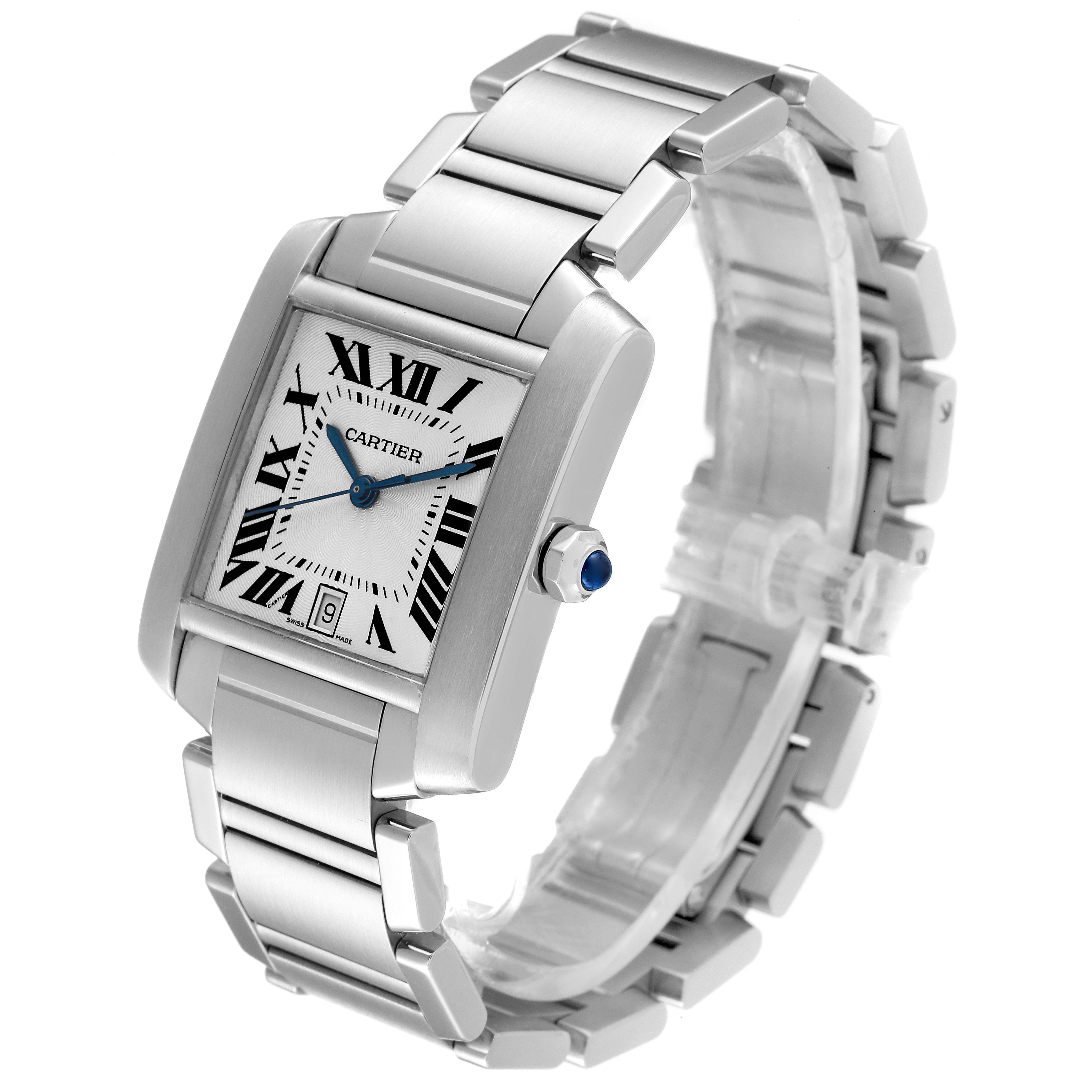 The image shows a Cartier Tank Francaise W51002Q3 Men's Stainless Steel Silver Dial W51002Q3 Men's Stainless Steel Silver Dial watch angled to display its face, bracelet, and crown.