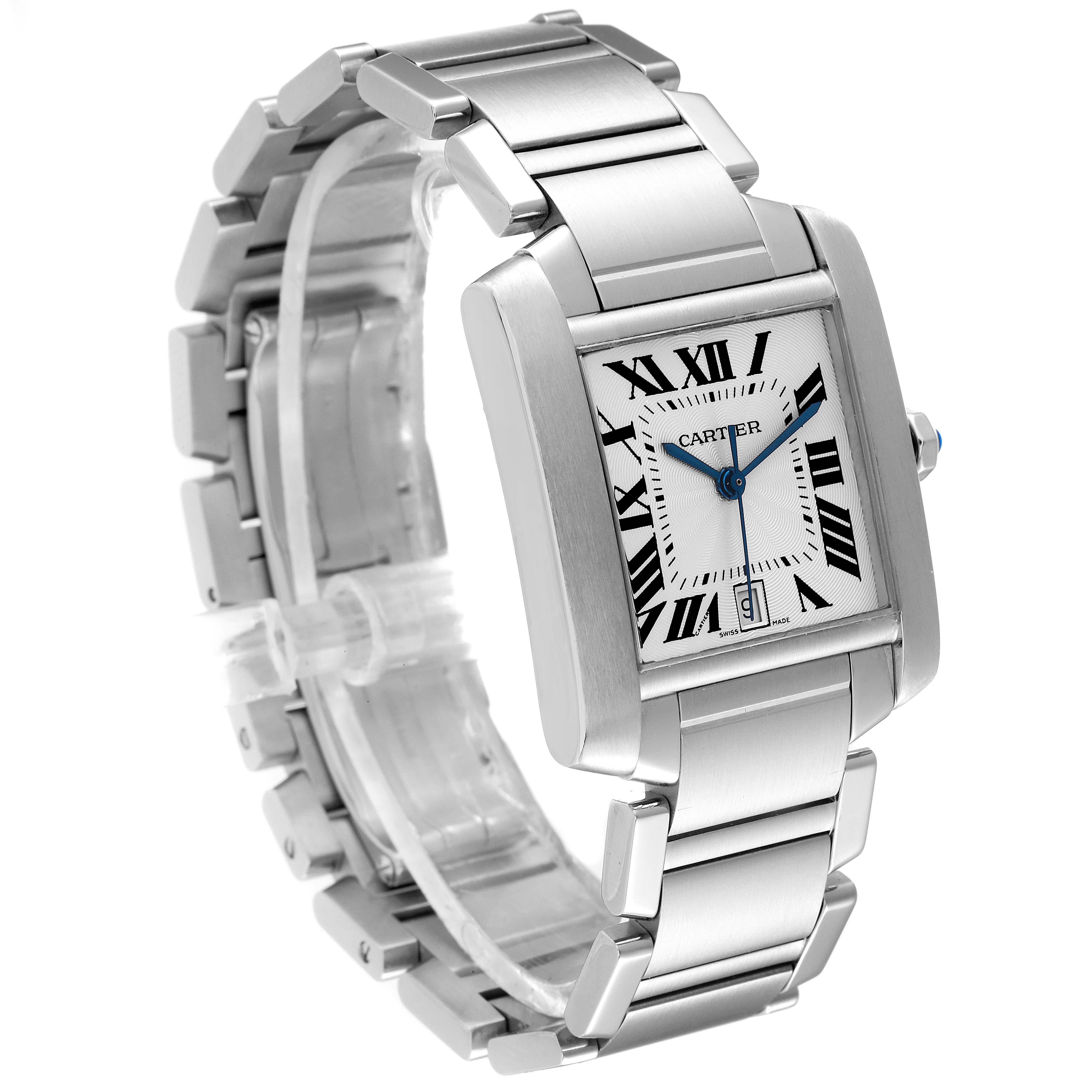 The image shows a three-quarter view of the Cartier Tank Francaise W51002Q3 Men's Stainless Steel Silver Dial W51002Q3 Men's Stainless Steel Silver Dial watch, highlighting the face, bracelet, and side crown.