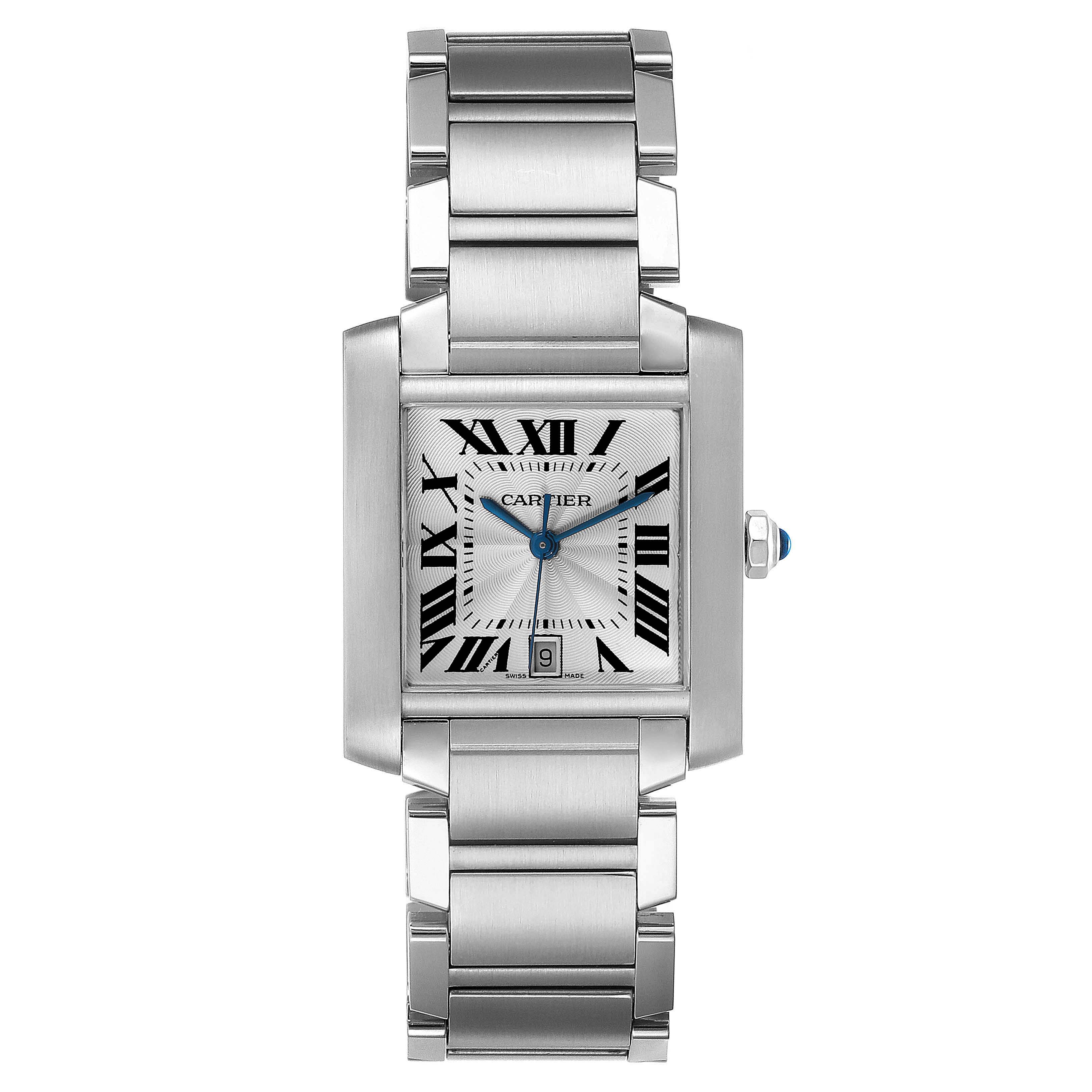 This image shows a front view of a Cartier Tank Française watch, highlighting its rectangular case, Roman numeral dial, and metal bracelet.