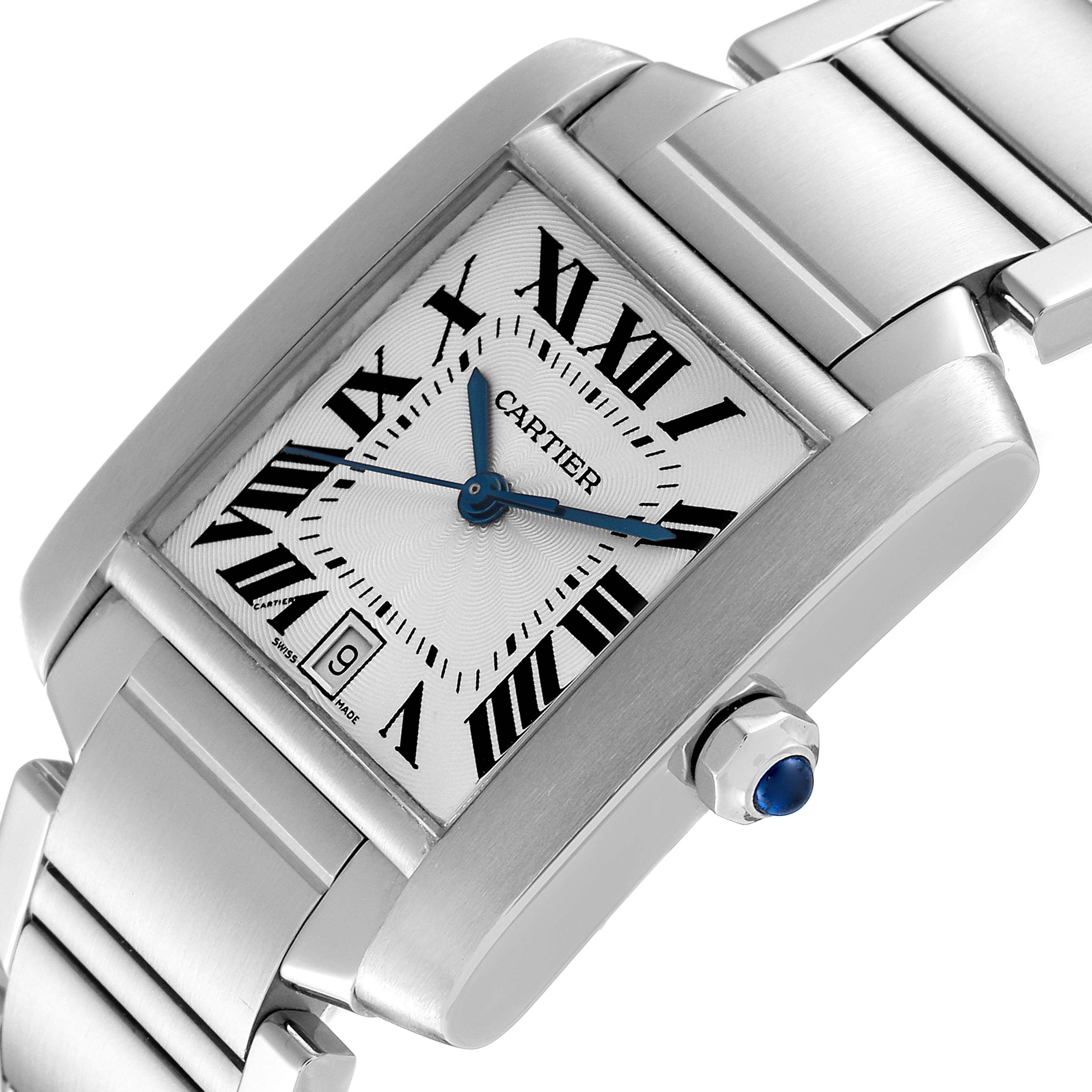 The image displays a Cartier Tank Française watch at a tilted angle, highlighting its face, dial, crown, and part of the bracelet.