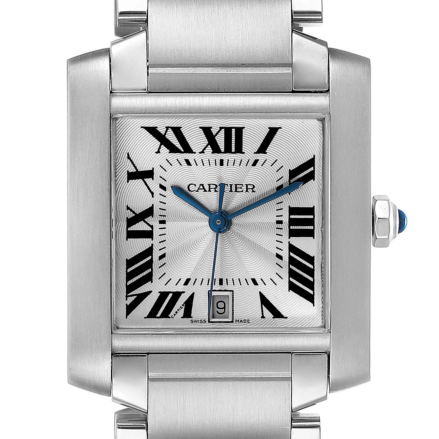 This Tank Francaise model by Cartier is shown from a front angle, displaying the face, hour markers, and part of the bracelet.