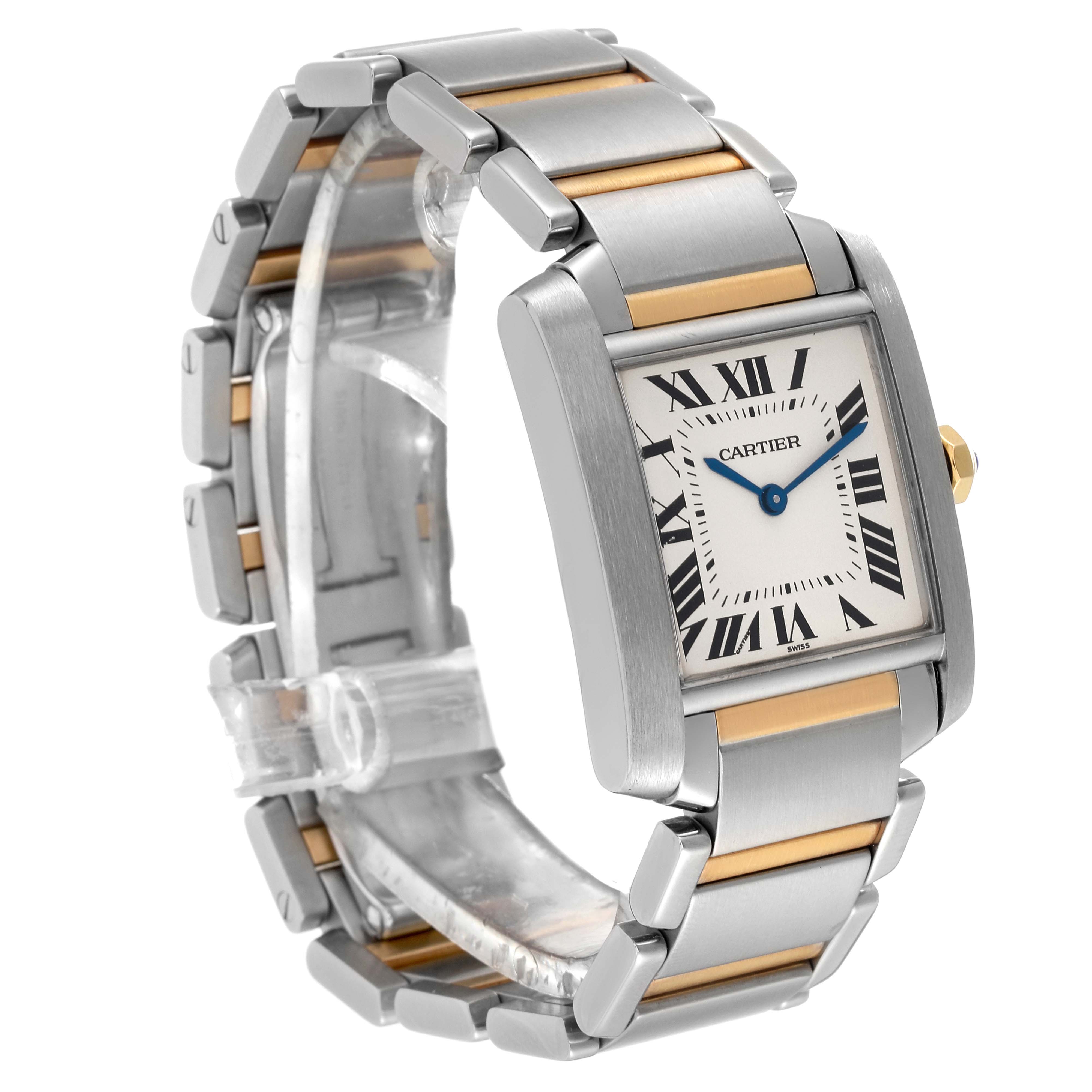 The image shows a side and frontal view of a Cartier Tank Française watch, highlighting its rectangular face and metal link bracelet.