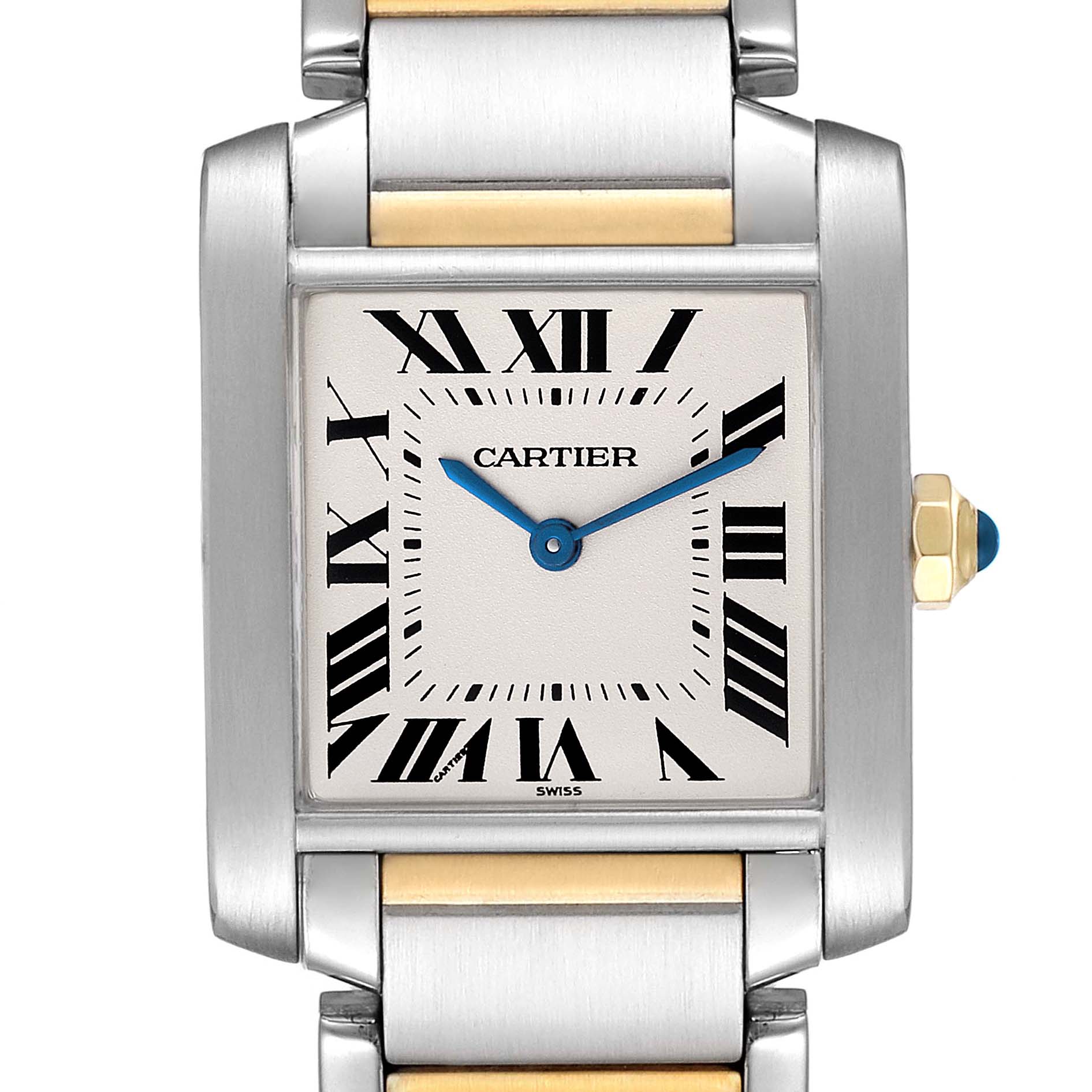The image shows a close-up front view of the Cartier Tank Francaise W2TA0003 Women's Steel and Gold (two tone) Silver Dial W2TA0003 Women's Steel and Gold (two tone) Silver Dial watch, showcasing its dial, Roman numerals, and part of the bracelet.