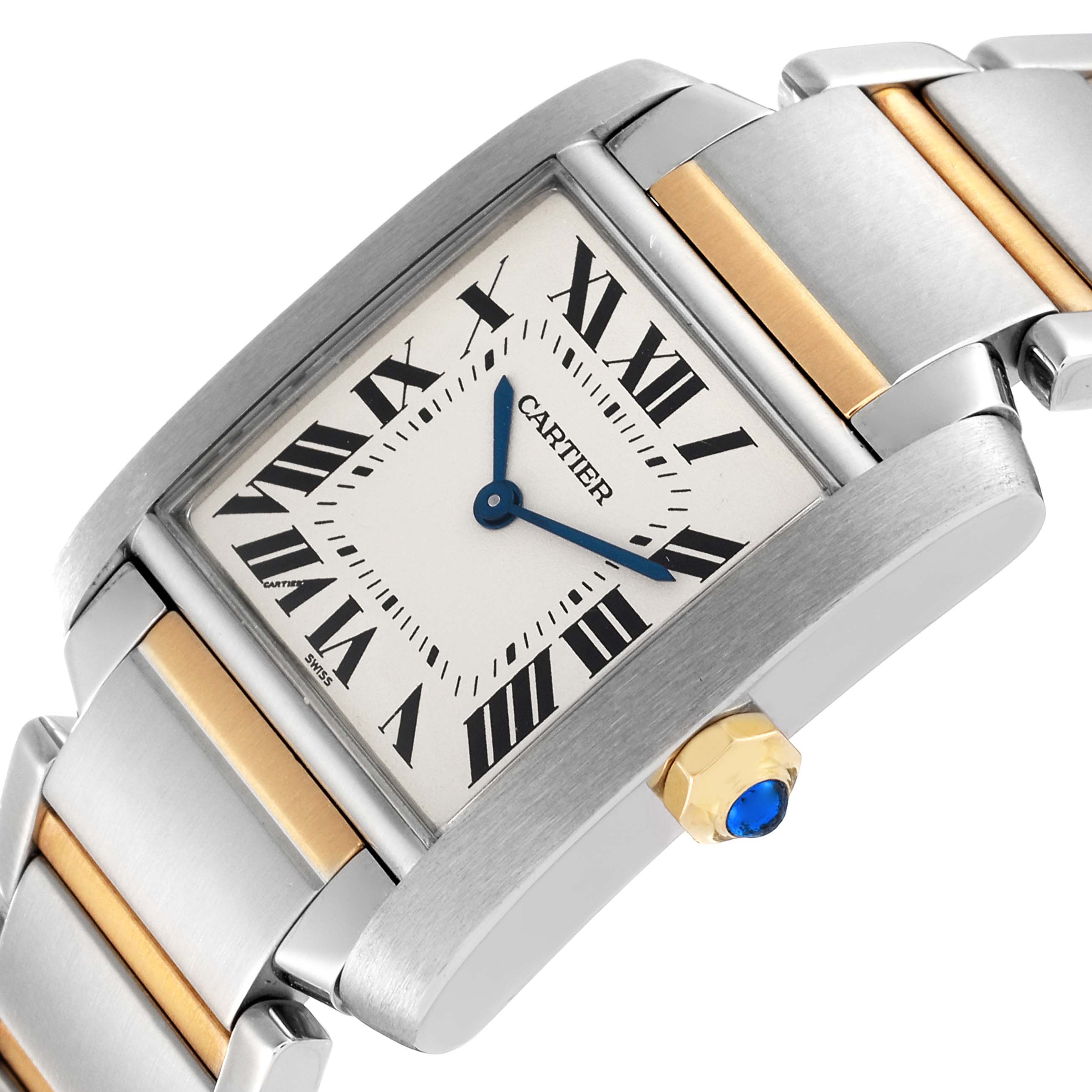 This image shows a close-up of the dial and part of the bracelet of a Cartier Tank Francaise W2TA0003 Women's Steel and Gold (two tone) Silver Dial W2TA0003 Women's Steel and Gold (two tone) Silver Dial watch, angled slightly from below.