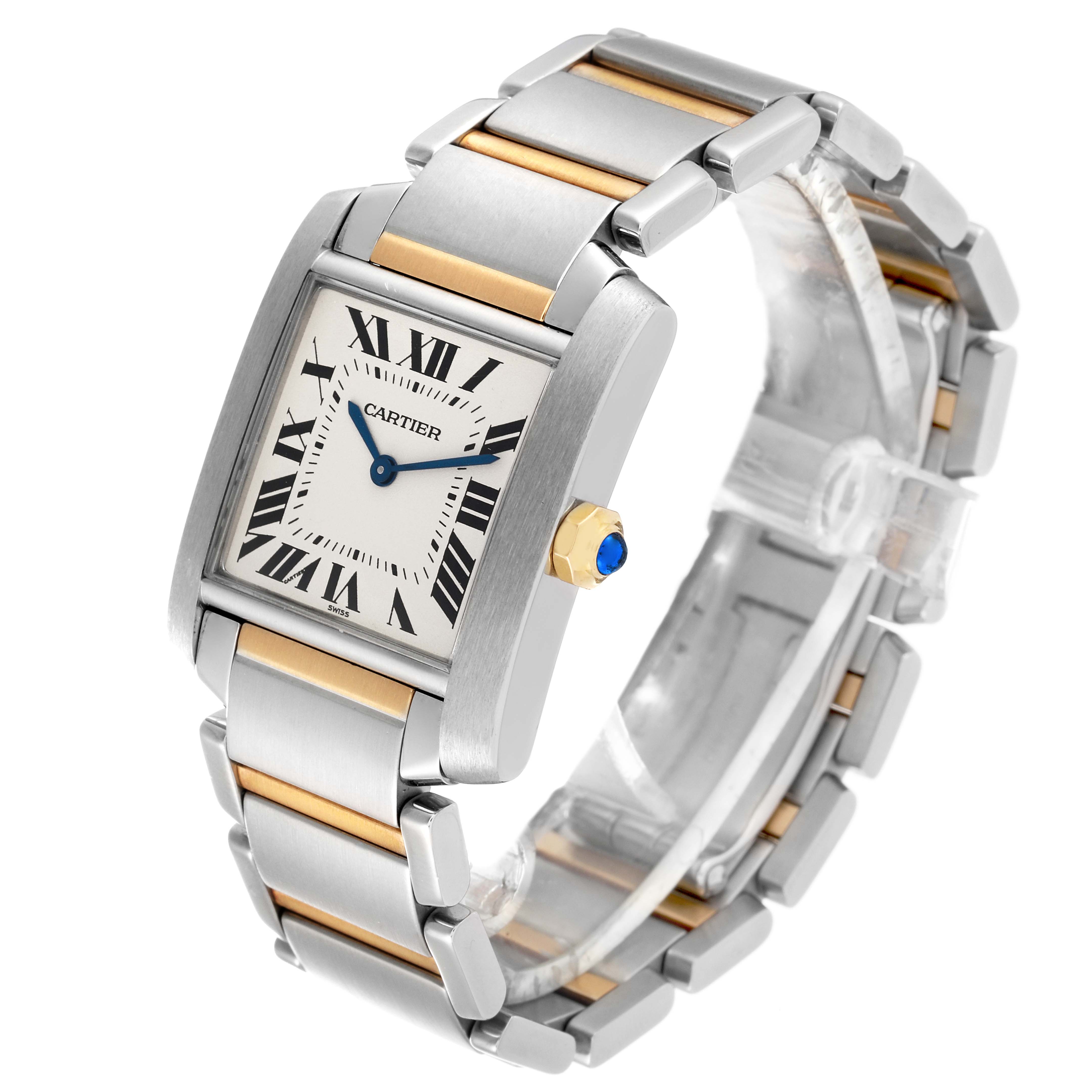 The Cartier Tank Francaise W2TA0003 Women's Steel and Gold (two tone) Silver Dial W2TA0003 Women's Steel and Gold (two tone) Silver Dial watch is shown at a slight angle, highlighting the face, bezel, crown, and part of the stainless steel bracelet.