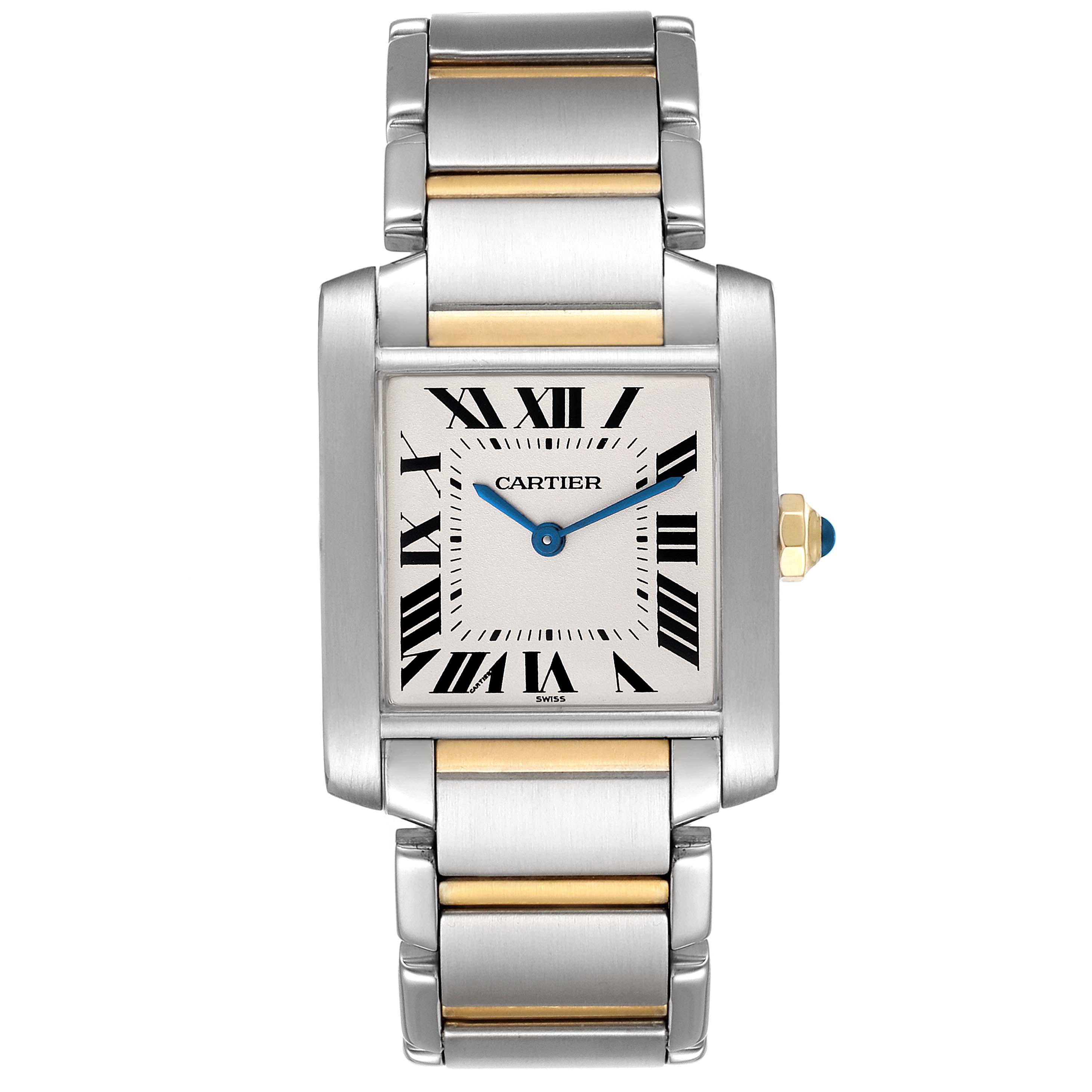The Cartier Tank Francaise W2TA0003 Women's Steel and Gold (two tone) Silver Dial W2TA0003 Women's Steel and Gold (two tone) Silver Dial watch is shown from a front angle, displaying its square face, Roman numerals, and metal bracelet.