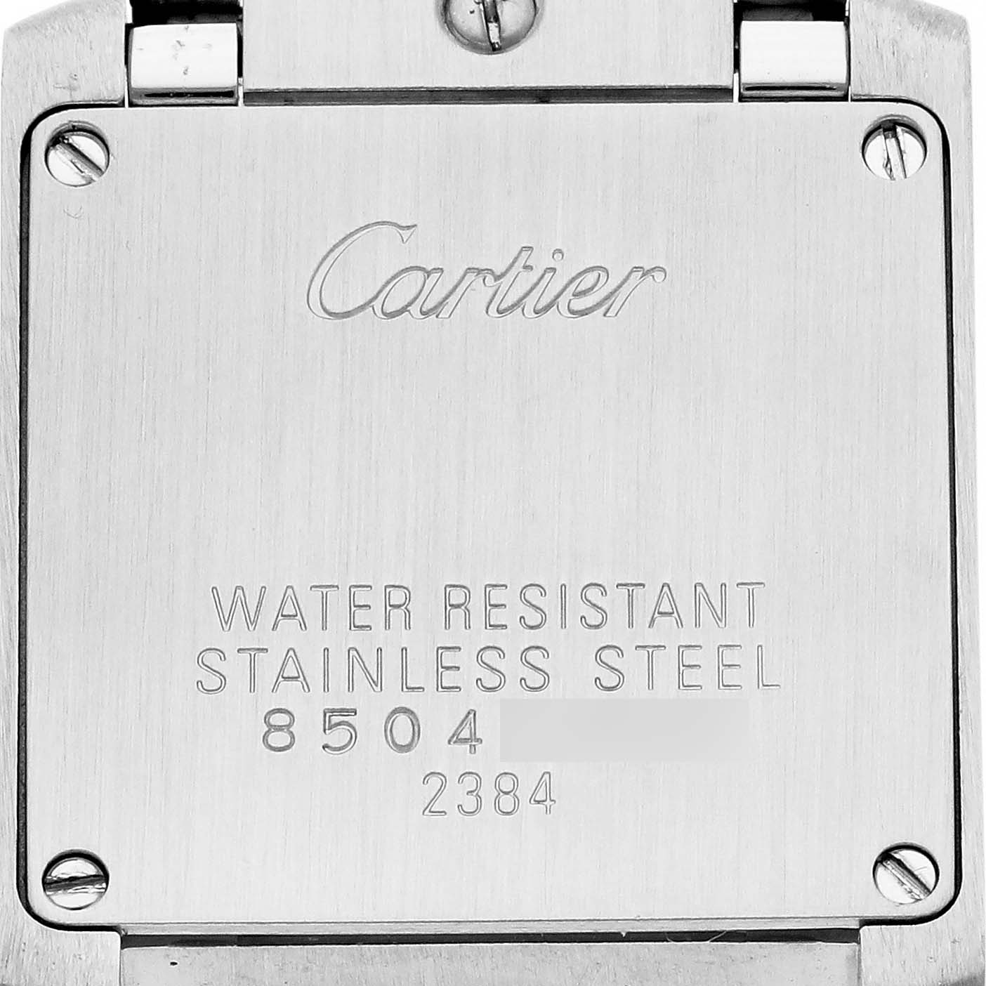 The image shows the back case of the Cartier Tank Francaise W51027Q4 Women's Steel and Gold (two tone) Mother of Pearl Dial W51027Q4 Women's Steel and Gold (two tone) Mother of Pearl Dial watch, featuring engravings and screws.