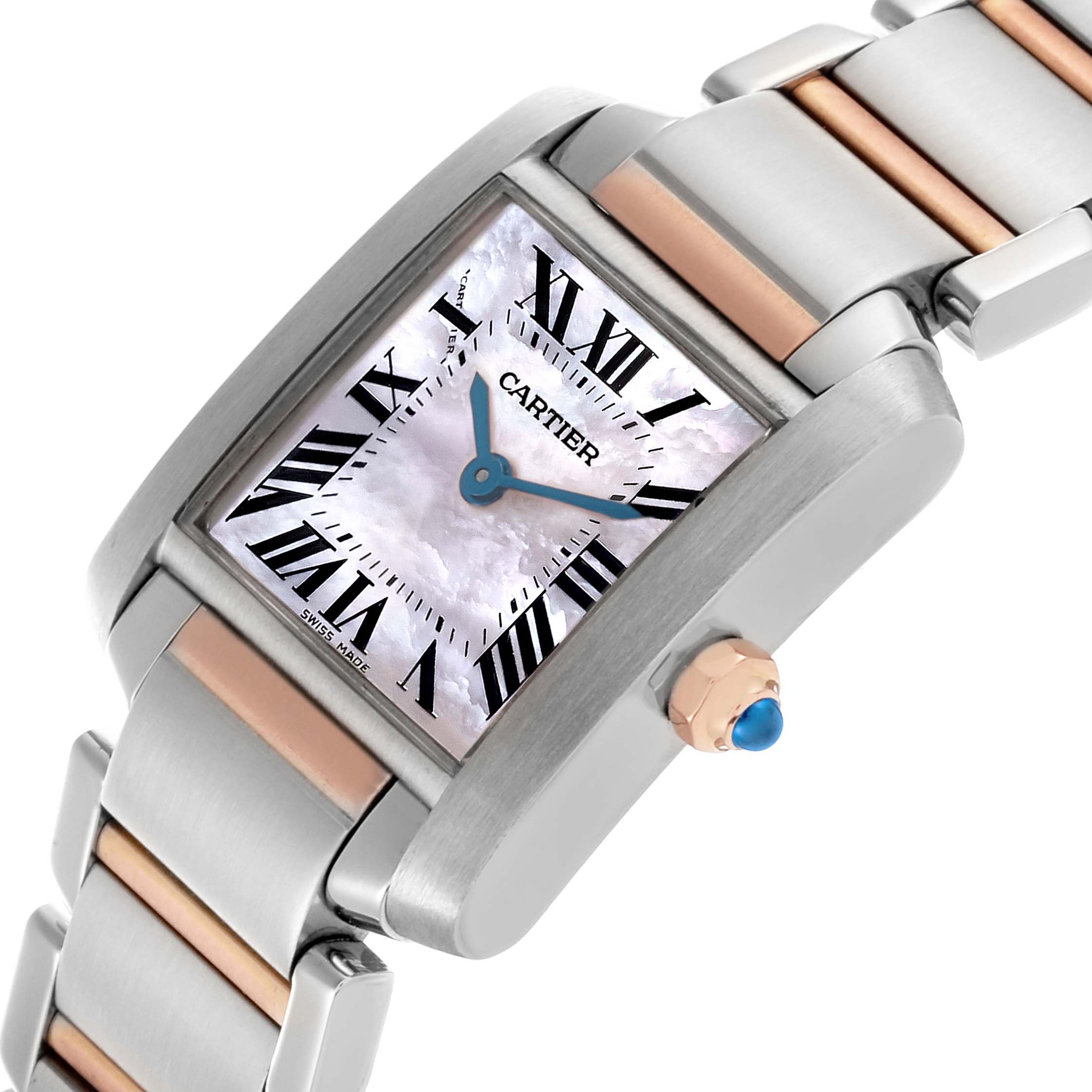 The image shows a close-up of the Cartier Tank Française watch, highlighting the dial, Roman numerals, and the bracelet's metal links.