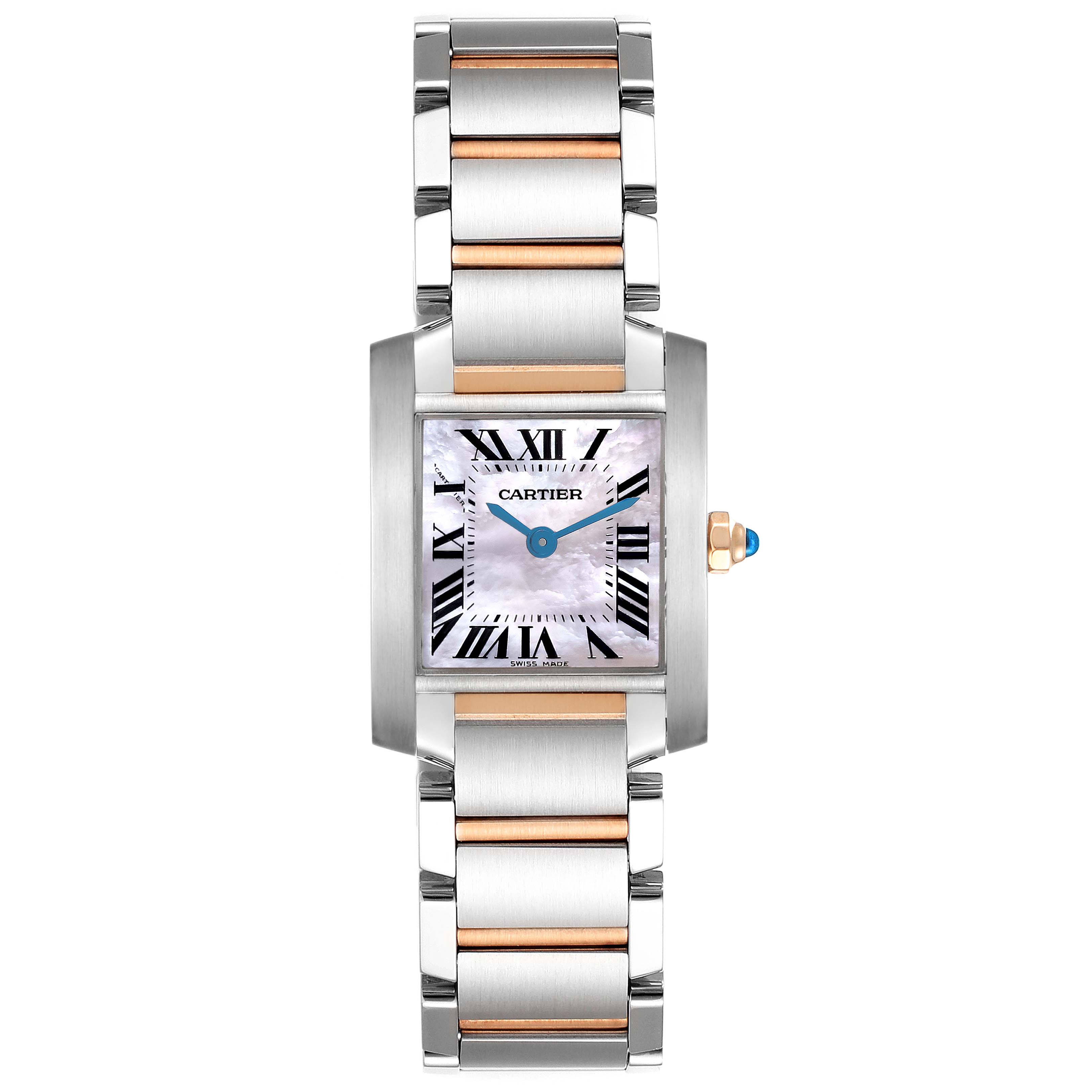 The Cartier Tank Française watch is shown from a top-down angle, highlighting its rectangular dial, two-tone bracelet, and blue hands.