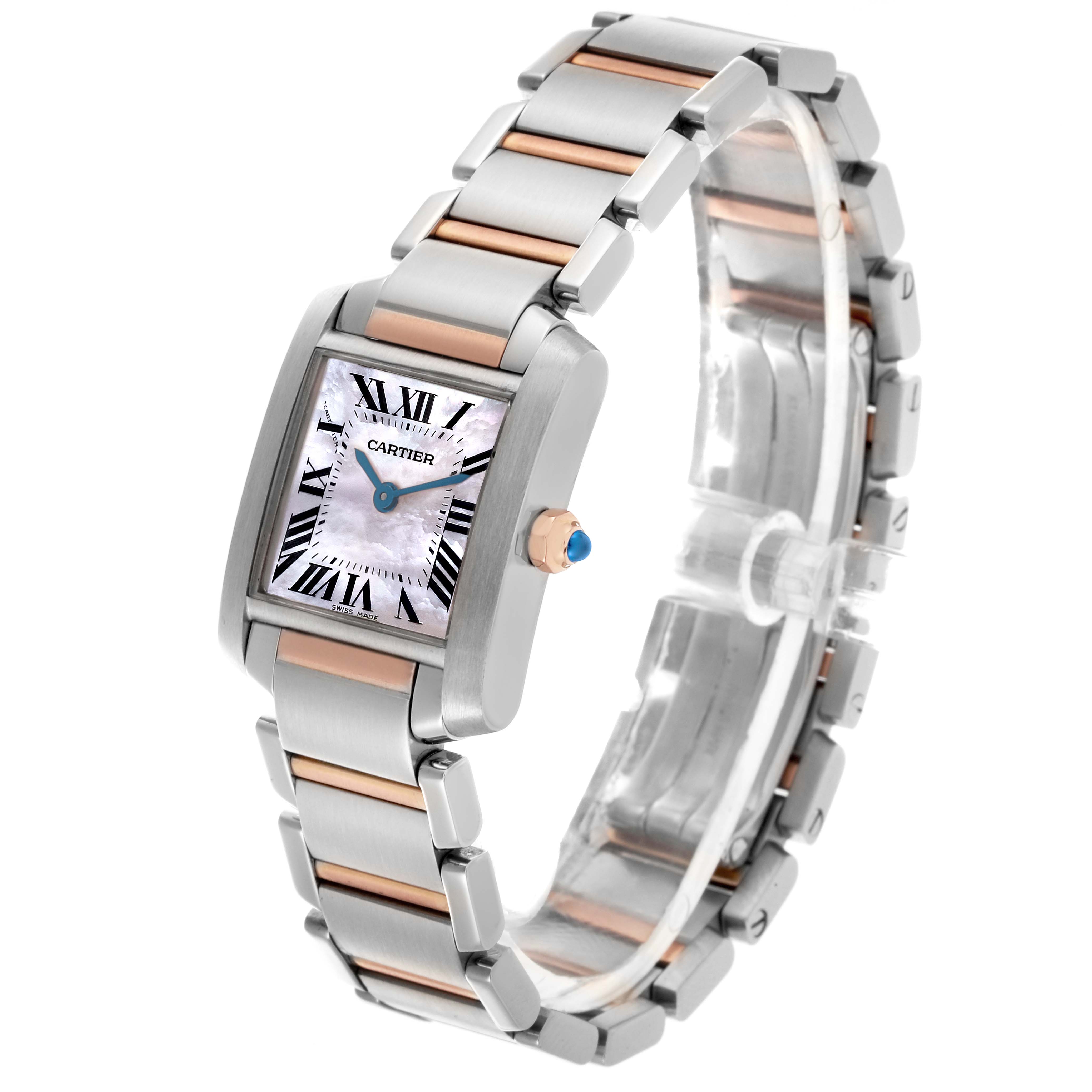 The Cartier Tank Francaise W51027Q4 Women's Steel and Gold (two tone) Mother of Pearl Dial W51027Q4 Women's Steel and Gold (two tone) Mother of Pearl Dial watch is shown at a three-quarter angle, highlighting its bracelet, crown, and dial.