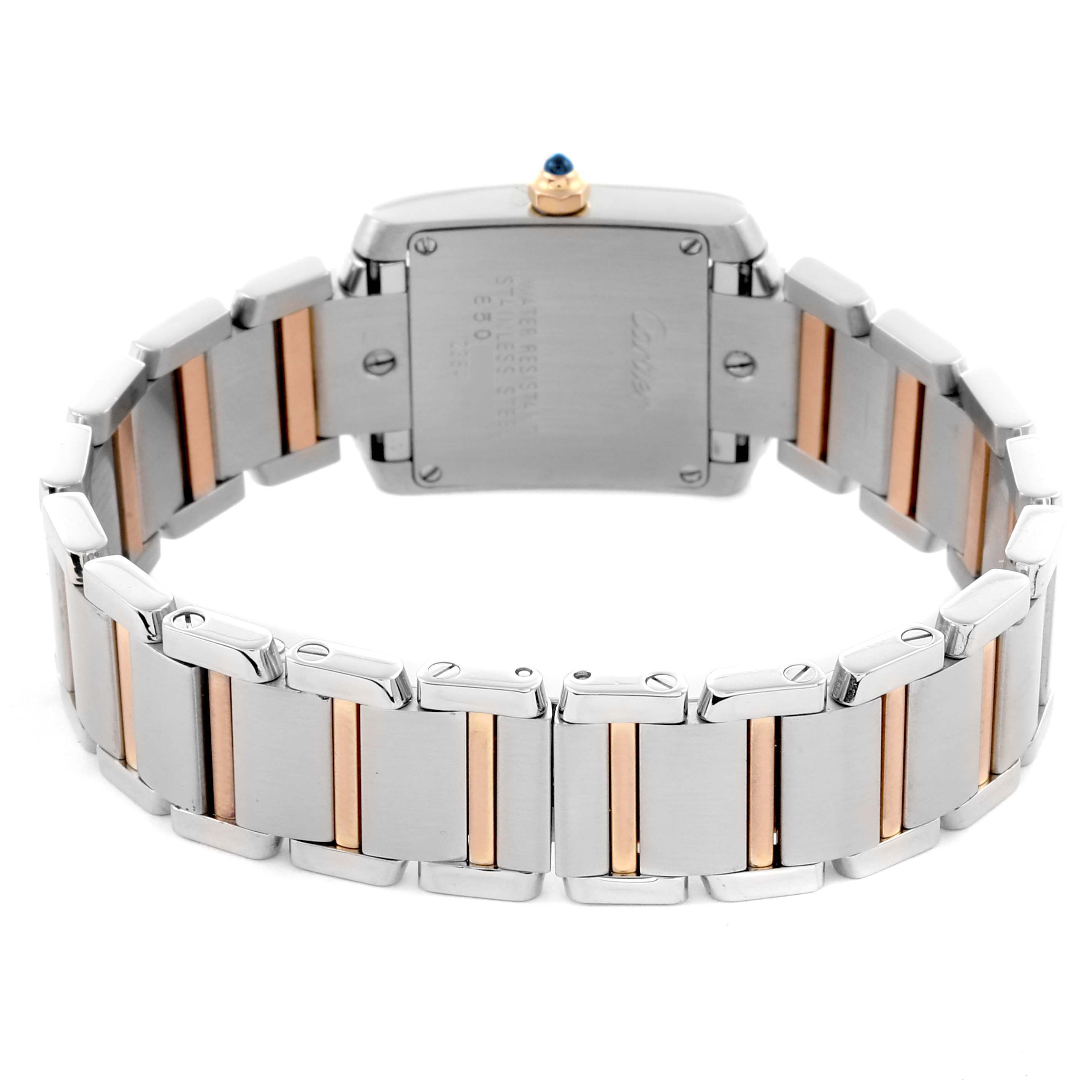 The image shows the back and bracelet of a Cartier Tank Française watch, highlighting its two-tone links and caseback.