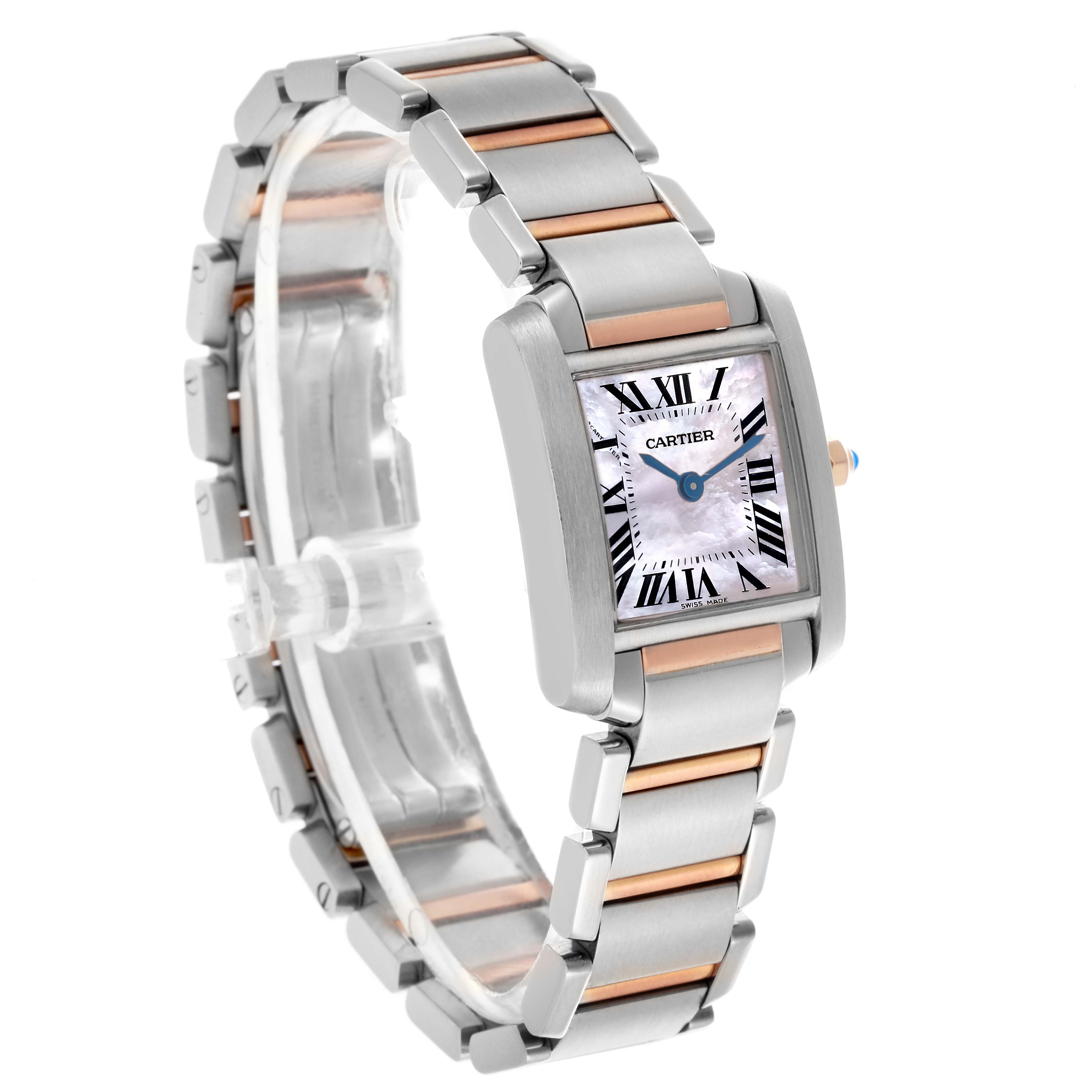 The Cartier Tank Francaise W51027Q4 Women's Steel and Gold (two tone) Mother of Pearl Dial W51027Q4 Women's Steel and Gold (two tone) Mother of Pearl Dial watch is shown at an angled view, highlighting the face and two-tone metal bracelet.
