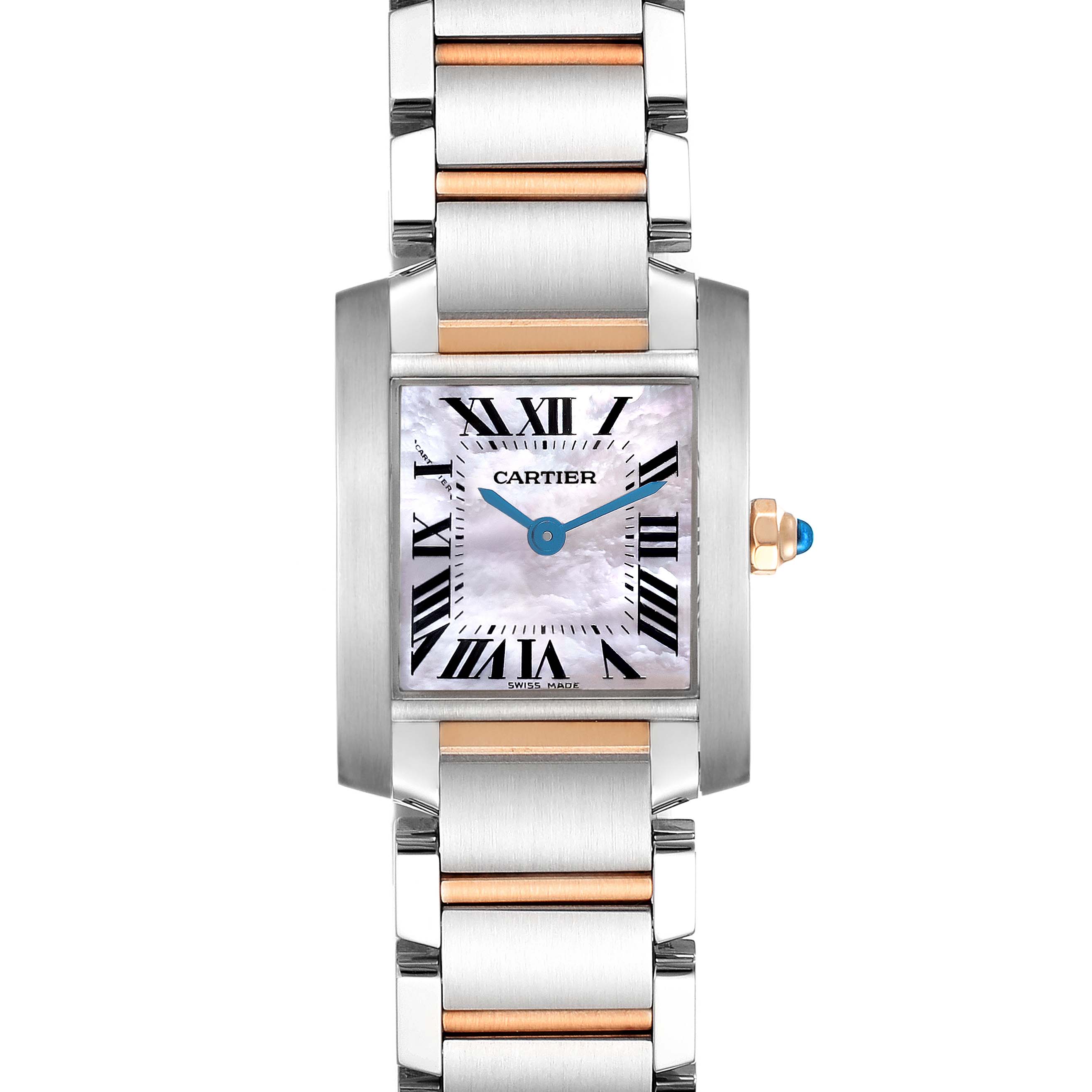 The Cartier Tank Francaise W51027Q4 Women's Steel and Gold (two tone) Mother of Pearl Dial W51027Q4 Women's Steel and Gold (two tone) Mother of Pearl Dial watch is shown from a front angle, highlighting its dial, bracelet, and crown.
