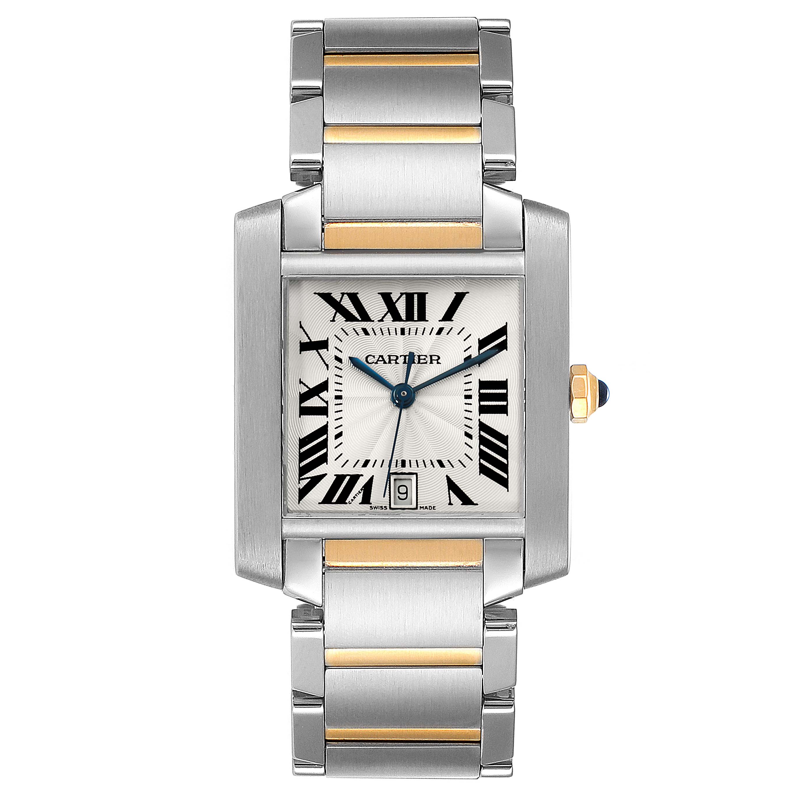The image shows a front view of a Cartier Tank Francaise W51005Q4 Men's Steel and Gold (two tone) Silver Dial W51005Q4 Men's Steel and Gold (two tone) Silver Dial watch, highlighting the face, bracelet, and crown.