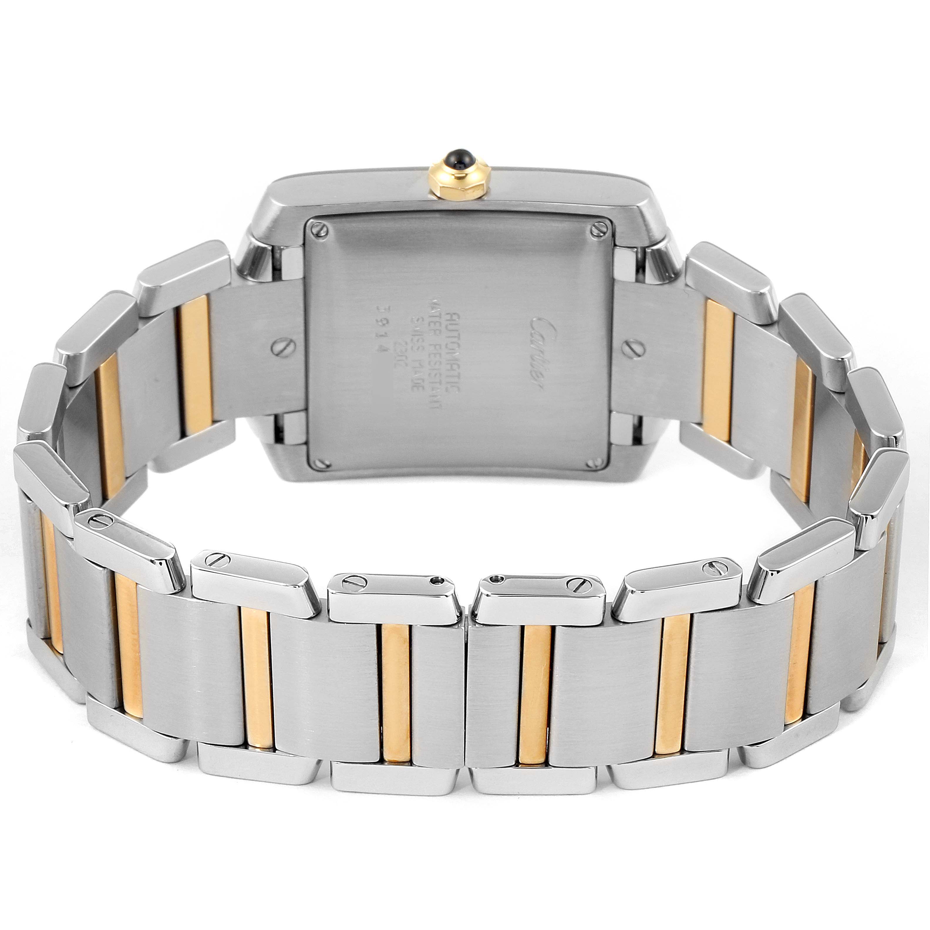 This image shows the back view of a Cartier Tank Francaise W51005Q4 Men's Steel and Gold (two tone) Silver Dial W51005Q4 Men's Steel and Gold (two tone) Silver Dial watch, highlighting its stainless steel and gold bracelet.