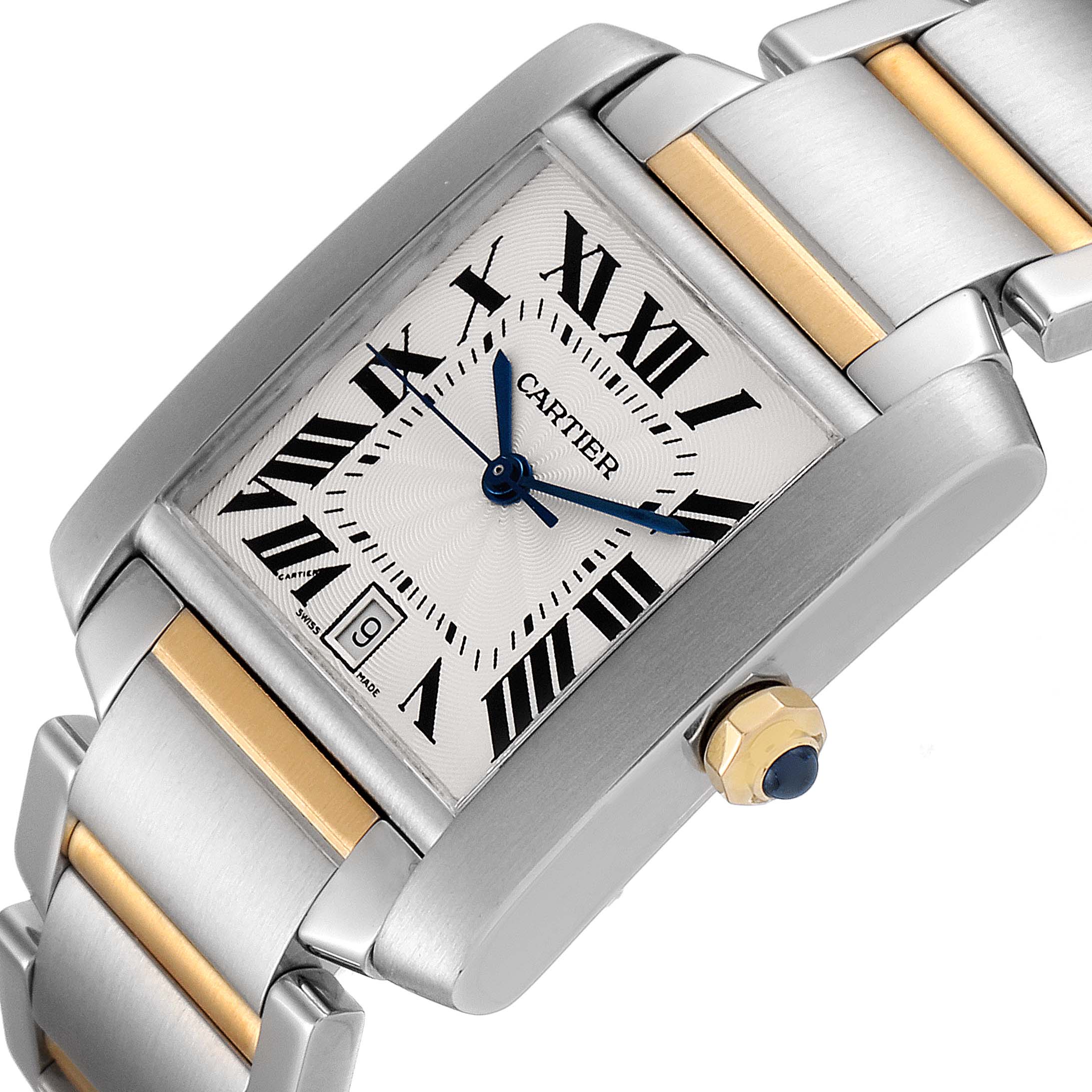 This image shows a close-up of the dial, crown, and bracelet of the Cartier Tank Francaise W51005Q4 Men's Steel and Gold (two tone) Silver Dial W51005Q4 Men's Steel and Gold (two tone) Silver Dial watch.