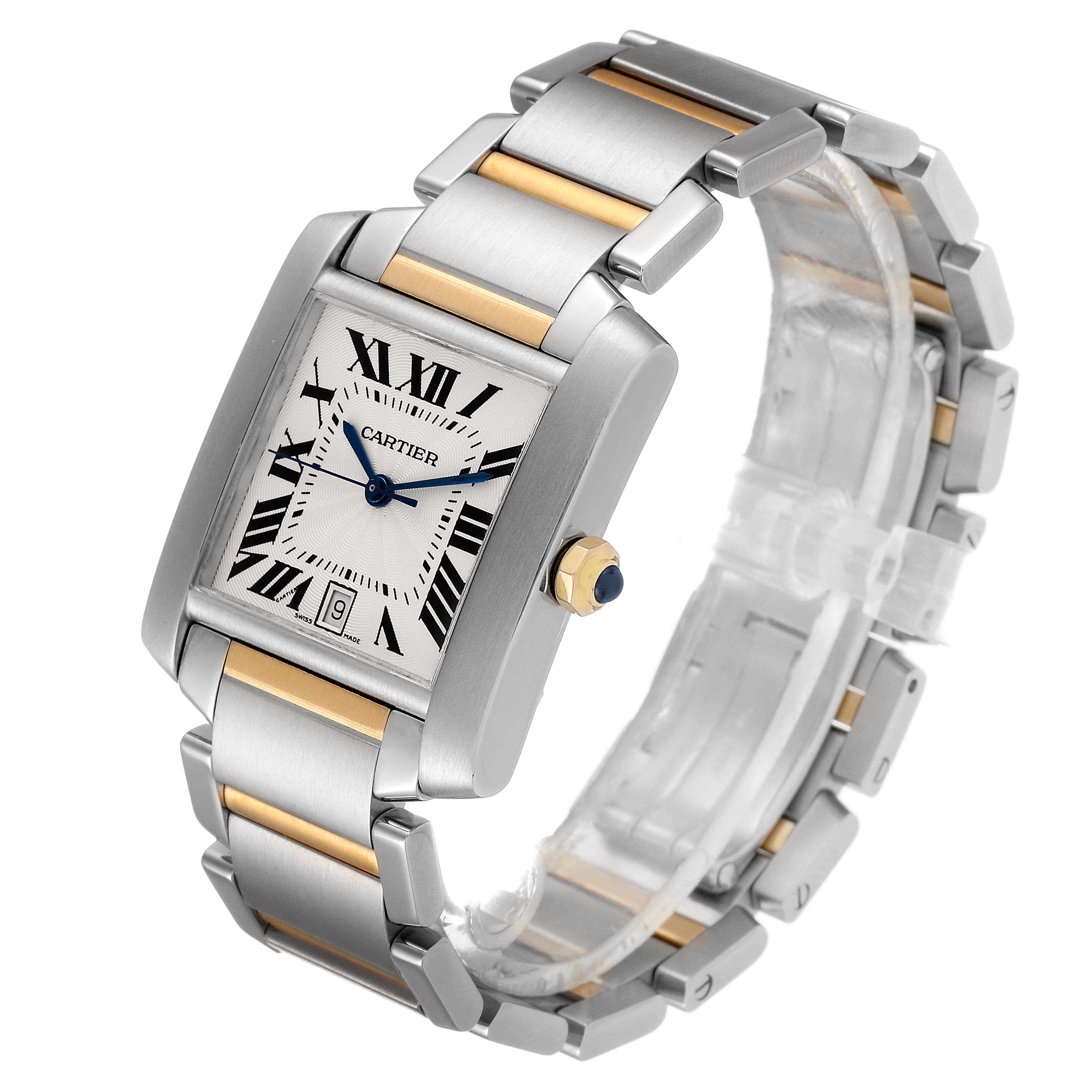 The image shows a Cartier Tank Francaise W51005Q4 Men's Steel and Gold (two tone) Silver Dial W51005Q4 Men's Steel and Gold (two tone) Silver Dial watch at a slight angle, highlighting its face, band, and crown.
