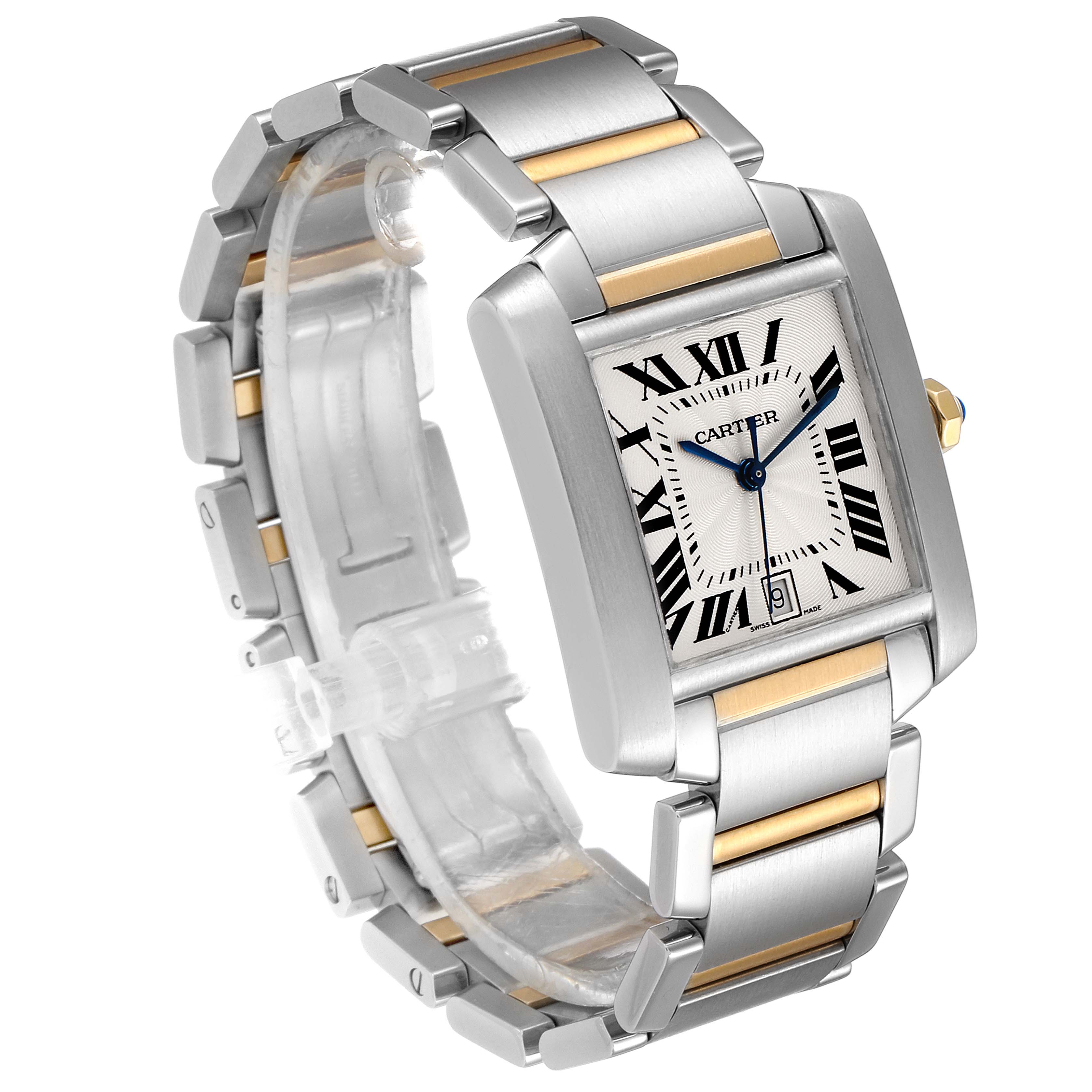 The image shows a Cartier Tank Francaise W51005Q4 Men's Steel and Gold (two tone) Silver Dial W51005Q4 Men's Steel and Gold (two tone) Silver Dial watch from an angled perspective, highlighting the face, bracelet, and clasp.