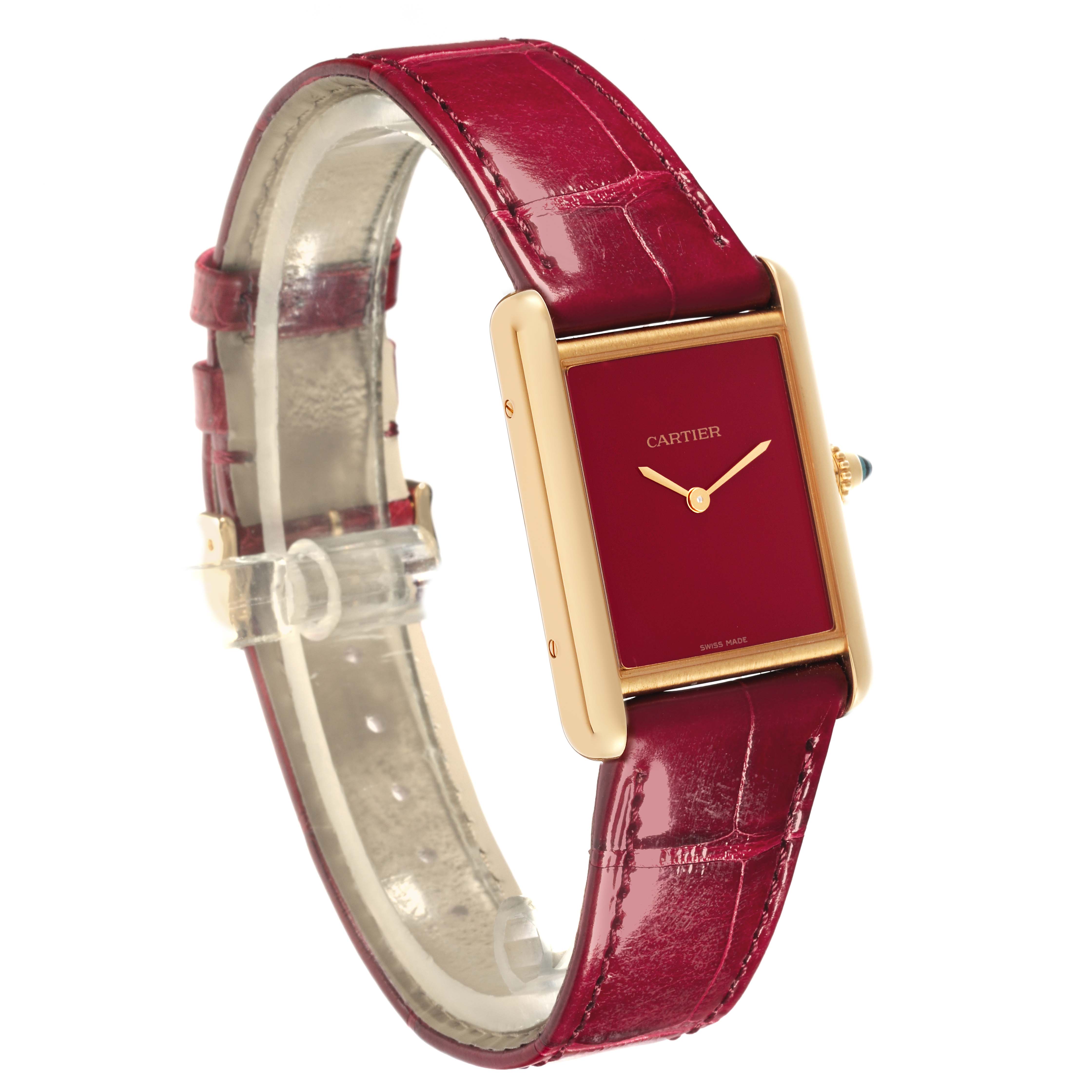 The image shows a Cartier Tank Louis WGTA0190 Men's Yellow Gold Red Dial WGTA0190 Men's Yellow Gold Red Dial watch at a side angle, featuring its red leather strap and gold rectangular case.