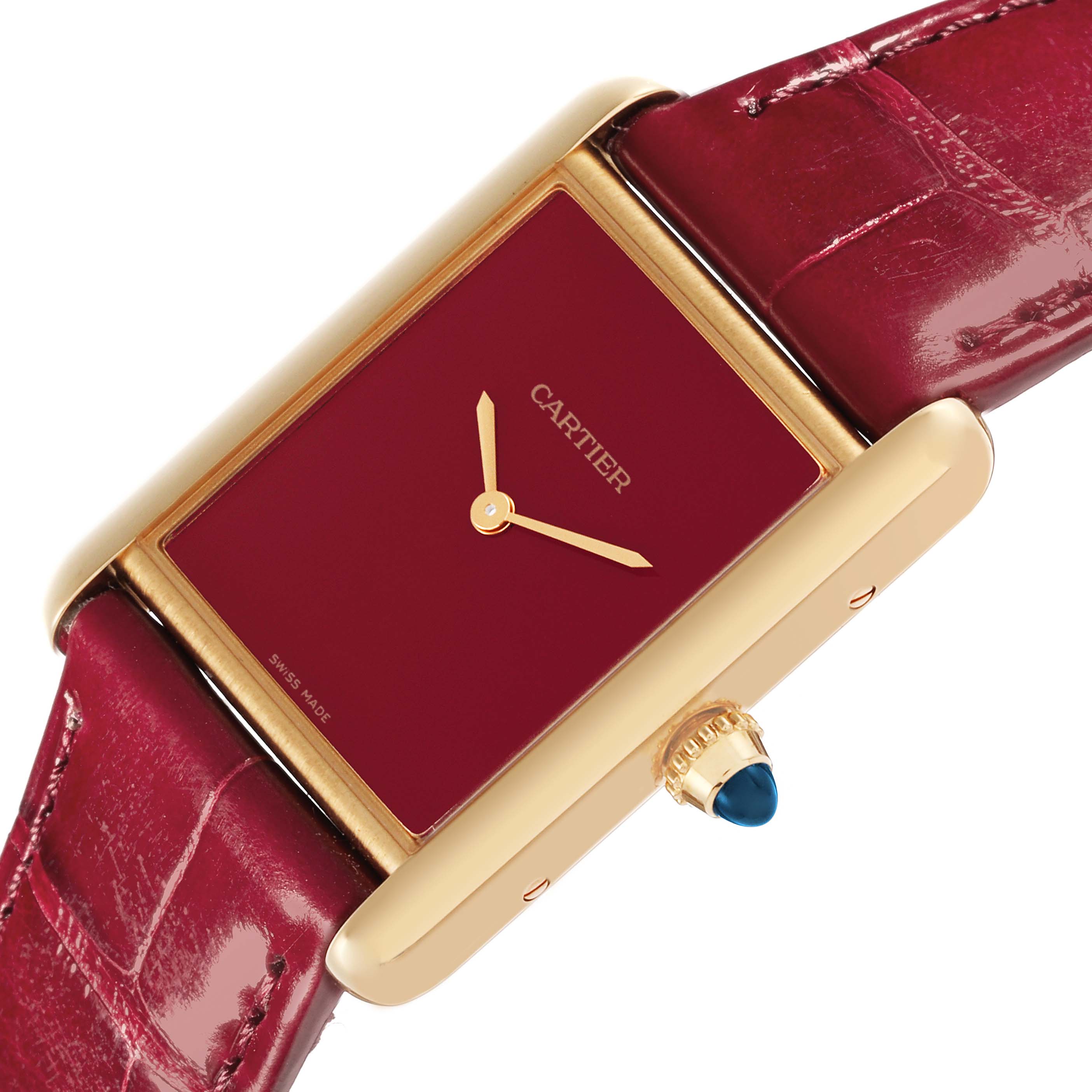 The Cartier Tank Louis WGTA0190 Men's Yellow Gold Red Dial WGTA0190 Men's Yellow Gold Red Dial watch is shown at an angle highlighting its gold case, red dial, and burgundy leather strap.
