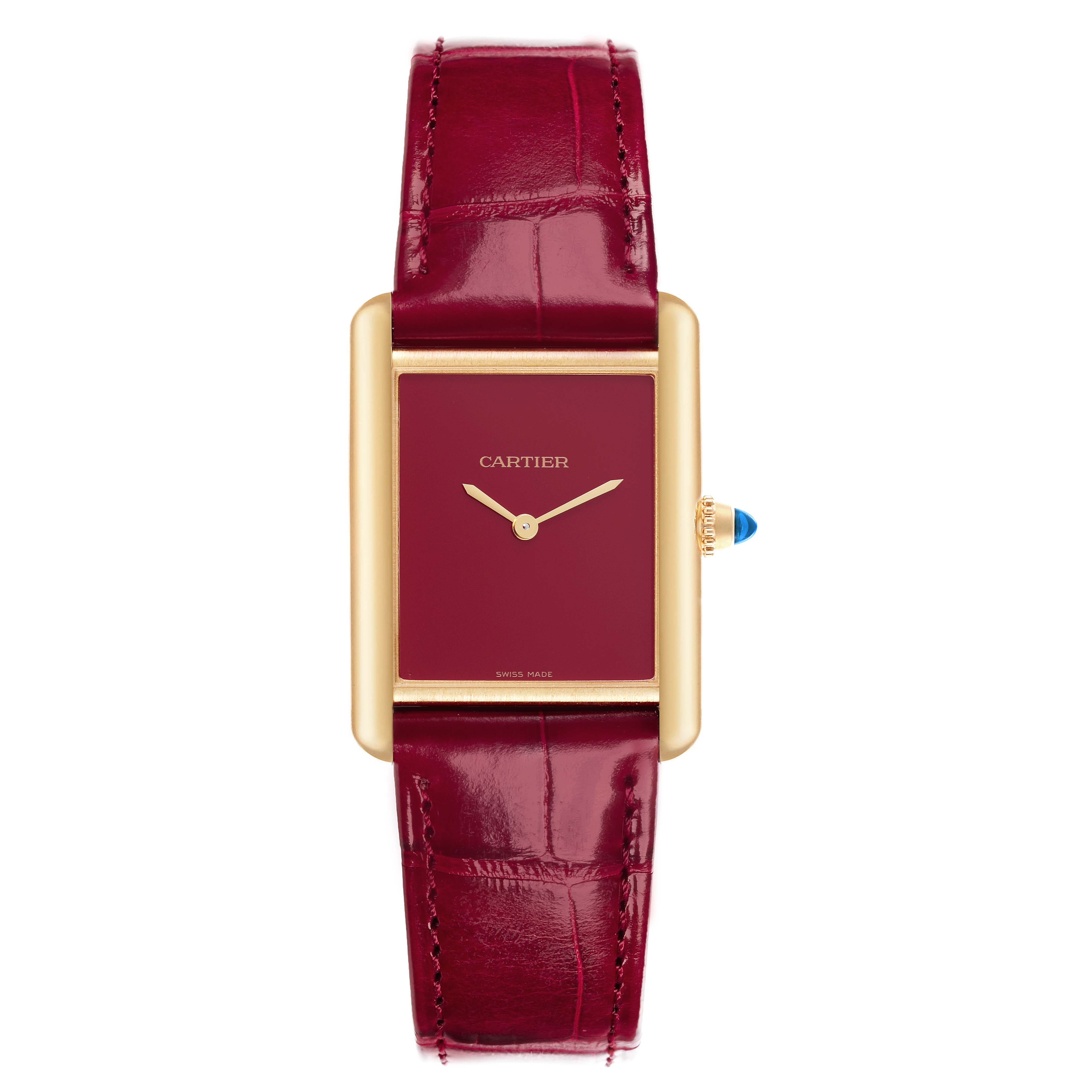 The Cartier Tank Louis WGTA0190 Men's Yellow Gold Red Dial WGTA0190 Men's Yellow Gold Red Dial watch is shown from the front, featuring its rectangular face and burgundy leather strap.