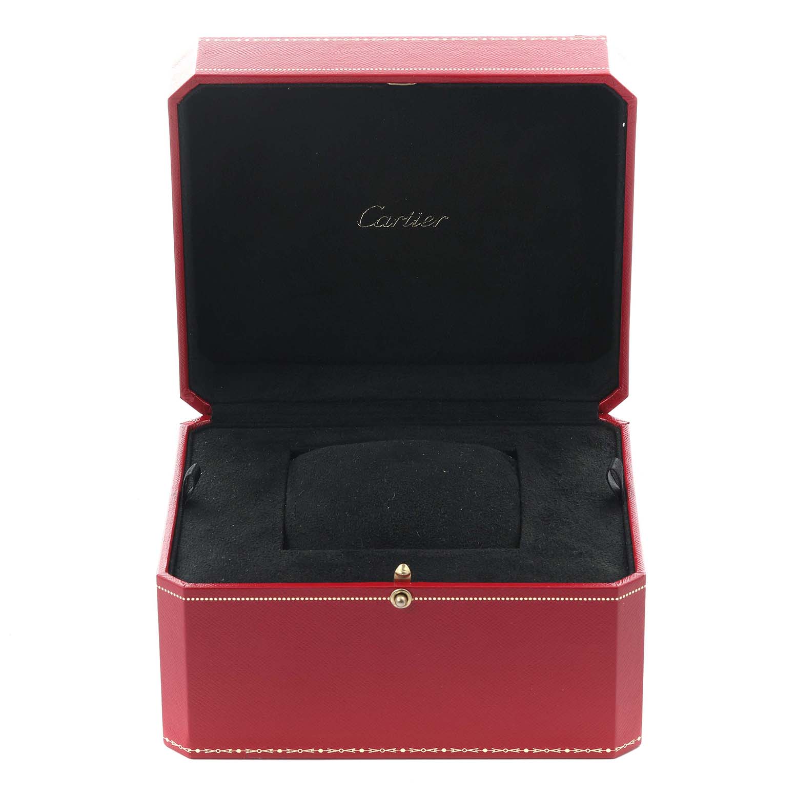 The image shows a Cartier Tank Louis WGTA0190 Men's Yellow Gold Red Dial WGTA0190 Men's Yellow Gold Red Dial watch box, open to reveal the interior and cushion at a front angle.