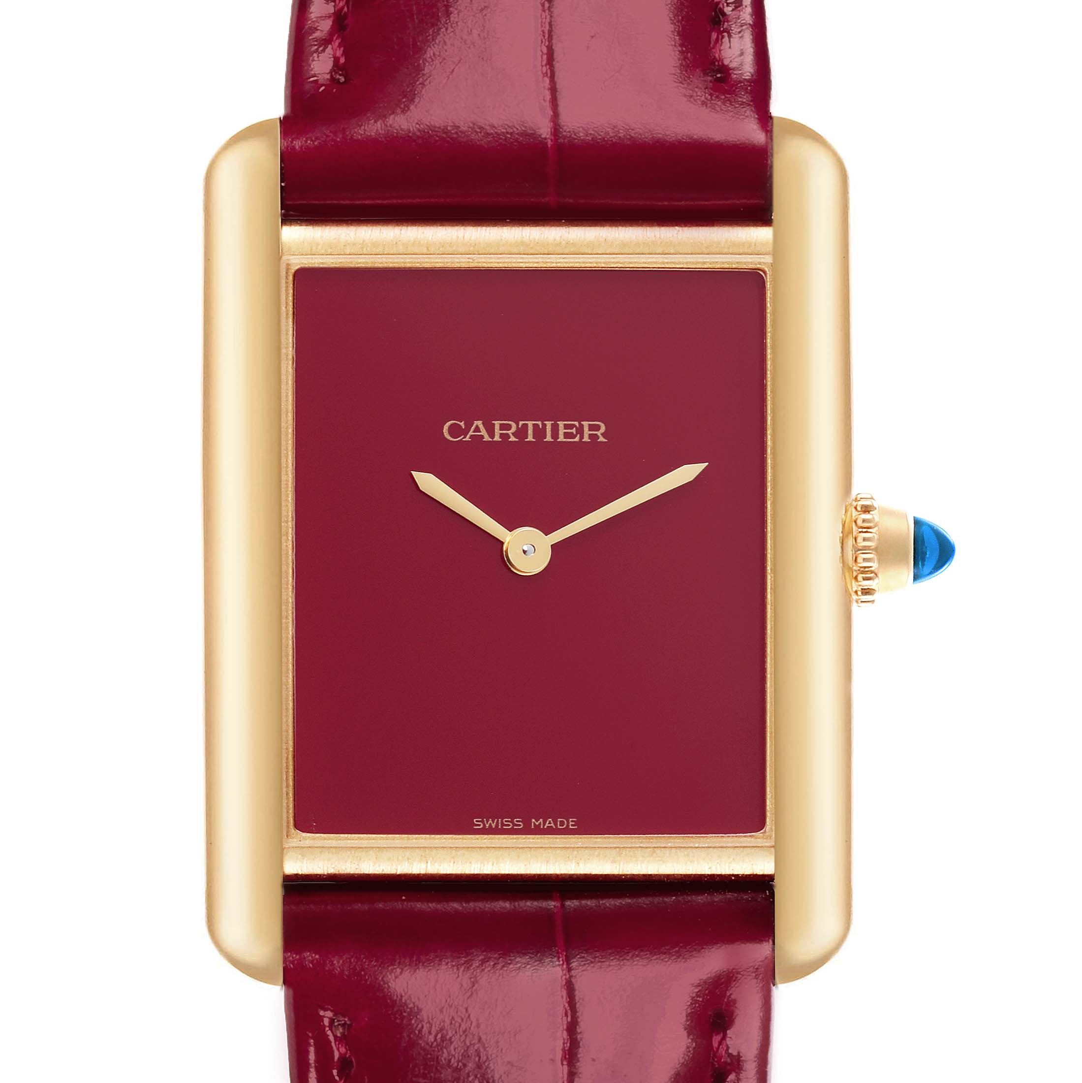 The Cartier Tank Louis WGTA0190 Men's Yellow Gold Red Dial WGTA0190 Men's Yellow Gold Red Dial watch is shown from the front, highlighting its red dial, gold case, and leather strap.