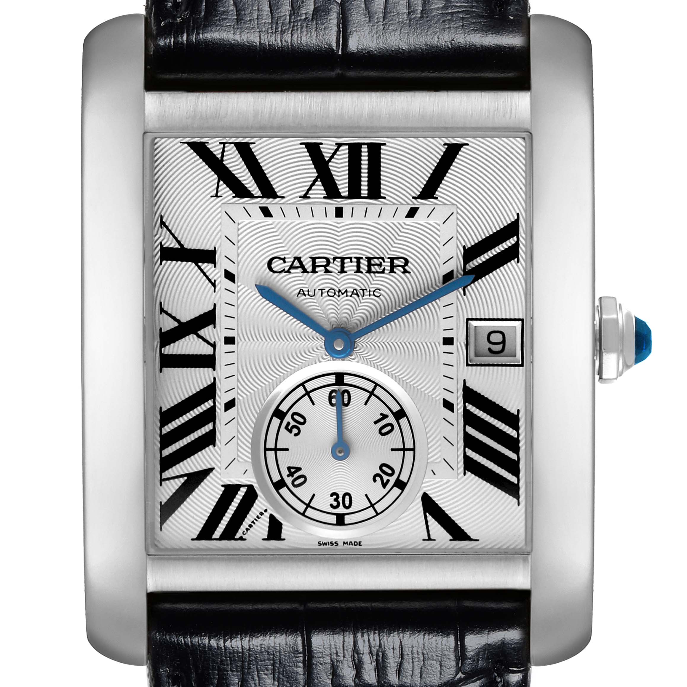 The Cartier Tank MC W5330003 Men
s Stainless Steel Silver Dial W5330003 Men
s Stainless Steel Silver Dial watch is shown from a frontal angle, highlighting its rectangular dial, Roman numerals, date window, and subdial.