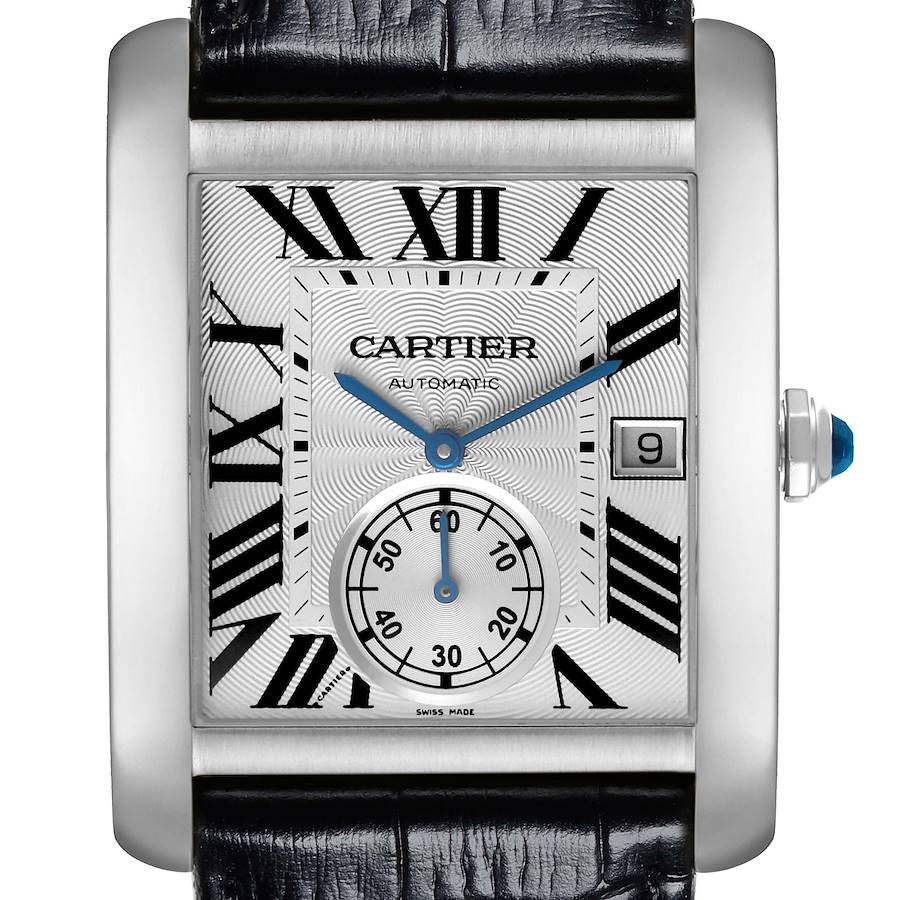 The Cartier Tank MC watch is shown from a frontal angle, highlighting its rectangular dial, Roman numerals, date window, and subdial.