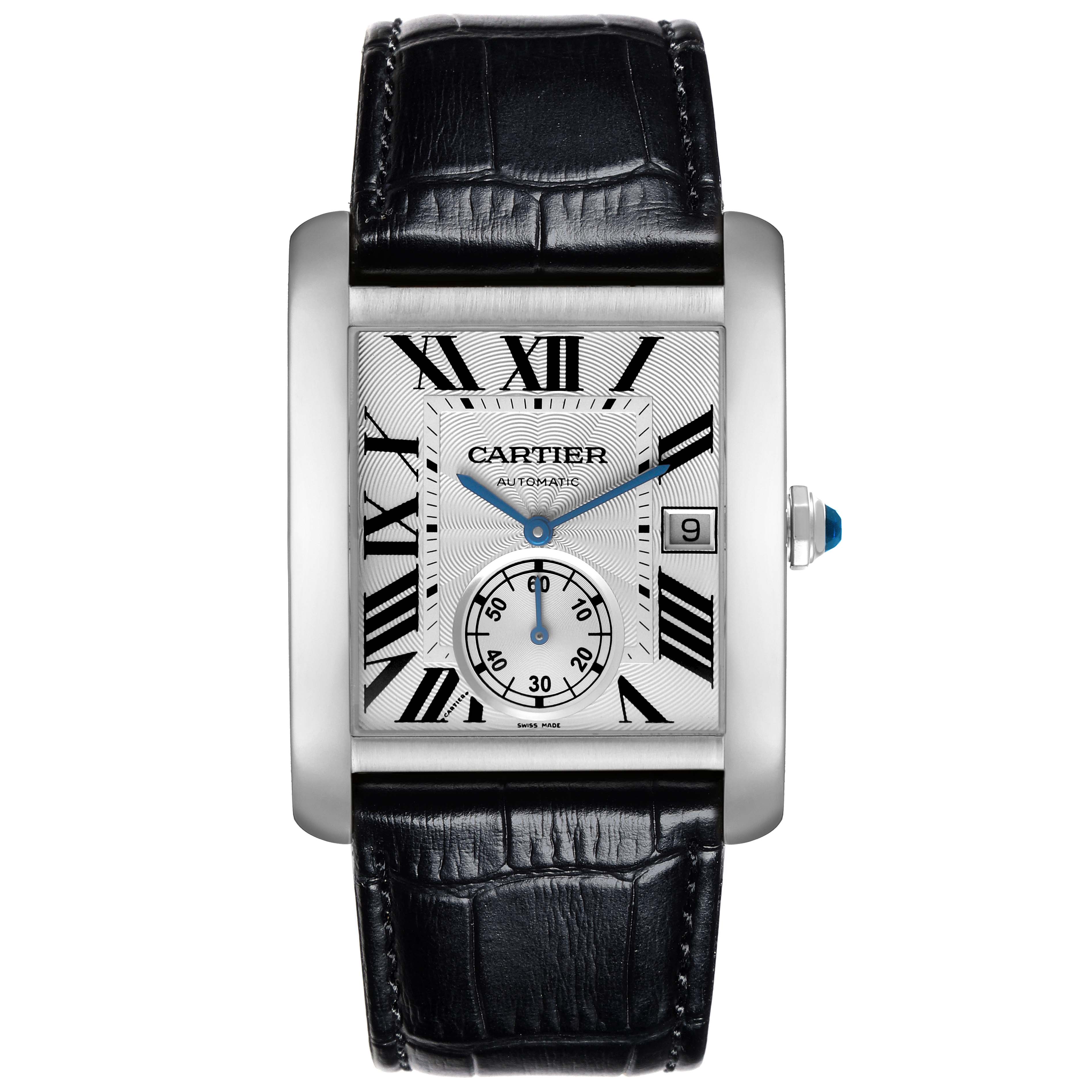 The Cartier Tank MC W5330003 Men
s Stainless Steel Silver Dial W5330003 Men
s Stainless Steel Silver Dial watch is shown from the front, displaying the face, Roman numerals, subdial, and black leather strap.